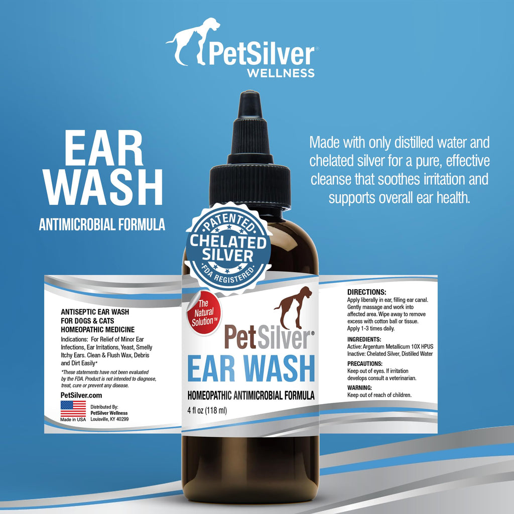 PetSilver Dog Ear Cleaner Solution – Gentle Ear Wash for Dogs and Cats with Chelated Silver – Otic Rinse Formula Targets Wax Buildup, Smelly Odor, and Itchy or Irritated Areas - Made in USA - 8 fl oz