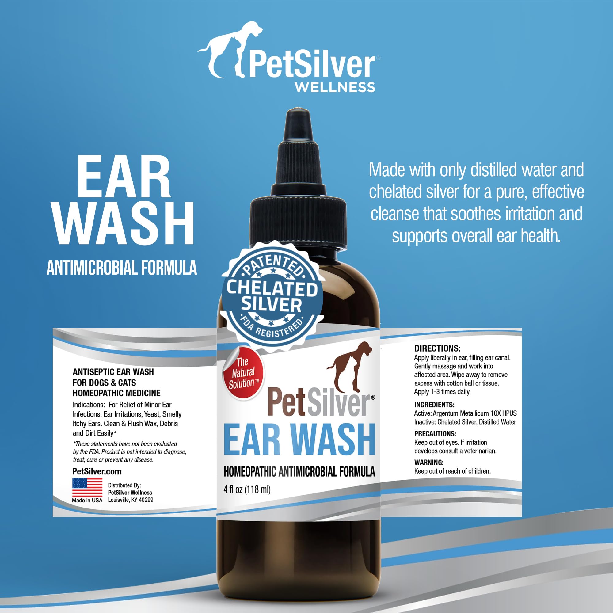 PetSilver Dog Ear Cleaner Solution – Gentle Ear Wash for Dogs and Cats with Chelated Silver – Otic Rinse Formula Targets Wax Buildup, Smelly Odor, and Itchy or Irritated Areas - Made in USA - 8 fl oz