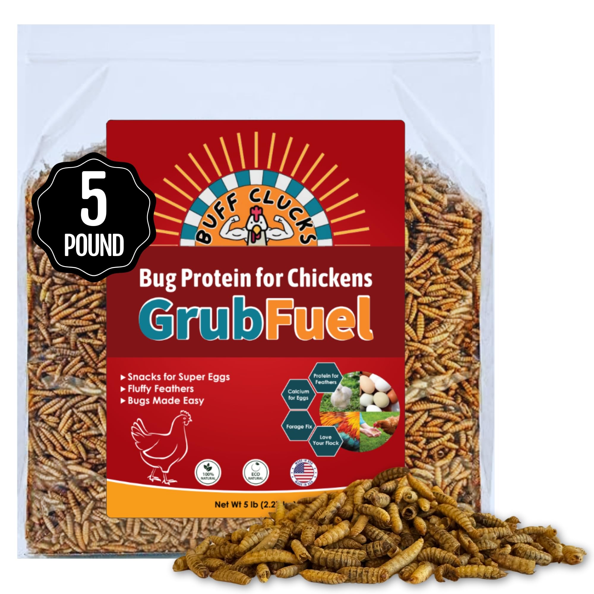 Buff Clucks Grub Fuel Black Soldier Fly Larvae for Chickens - Nutrient Packed BSFL, Sustainably Sourced Snack for Poultry, Rich in Protein, Calcium, Fiber, Essential Fatty Acids, USA Grown (5LB)