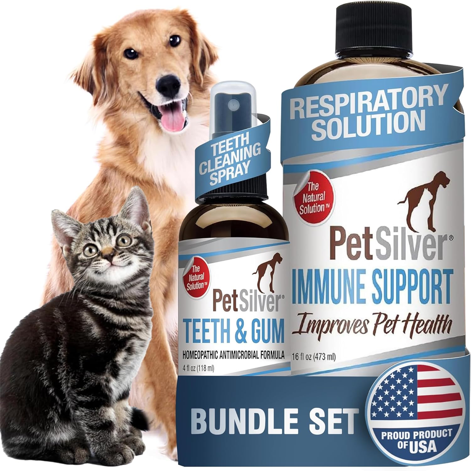 PetSilver - Immune Support (16 fl oz) and Teeth & Gum Spray (4 fl oz) with Patented Chelated Silver - Allergy, Sinus & Cough Treatment - Teeth Cleaner & Breath Freshener for Cats & Dogs - Made in USA