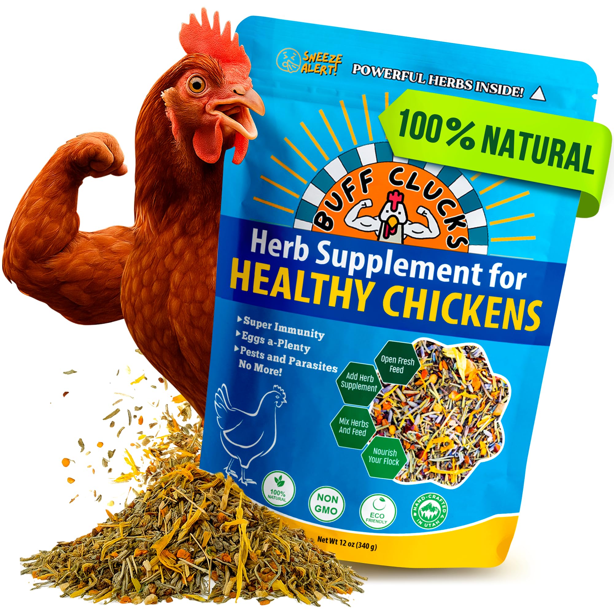 Buff Clucks Chick Formula Herbal Supplement for Baby Chicks – All-Natural Botanical Blend for Daily Wellness, Feather Quality – Plant-Based Herbs for Coop Snacks - Calendula, Oregano, Lemon Balm, USA