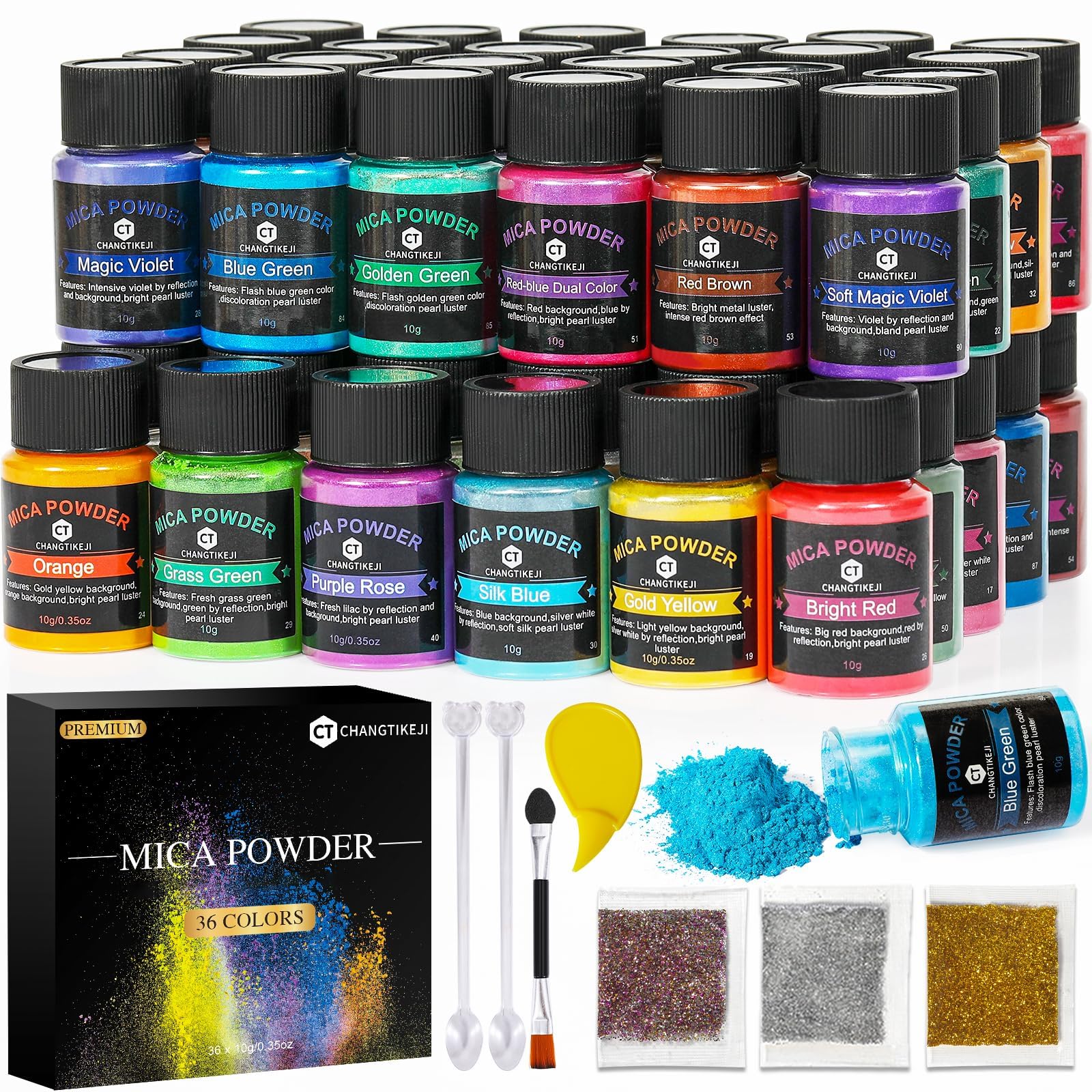 CHANGTIKEJI Mica Powder，24 Colors - 10g/Bottle of Natural Pigment Powder for Epoxy Resin，Soap Making，Candle Making,Lip Gloss,Car Freshies,Dye,Nail Polish,Bath Bombs