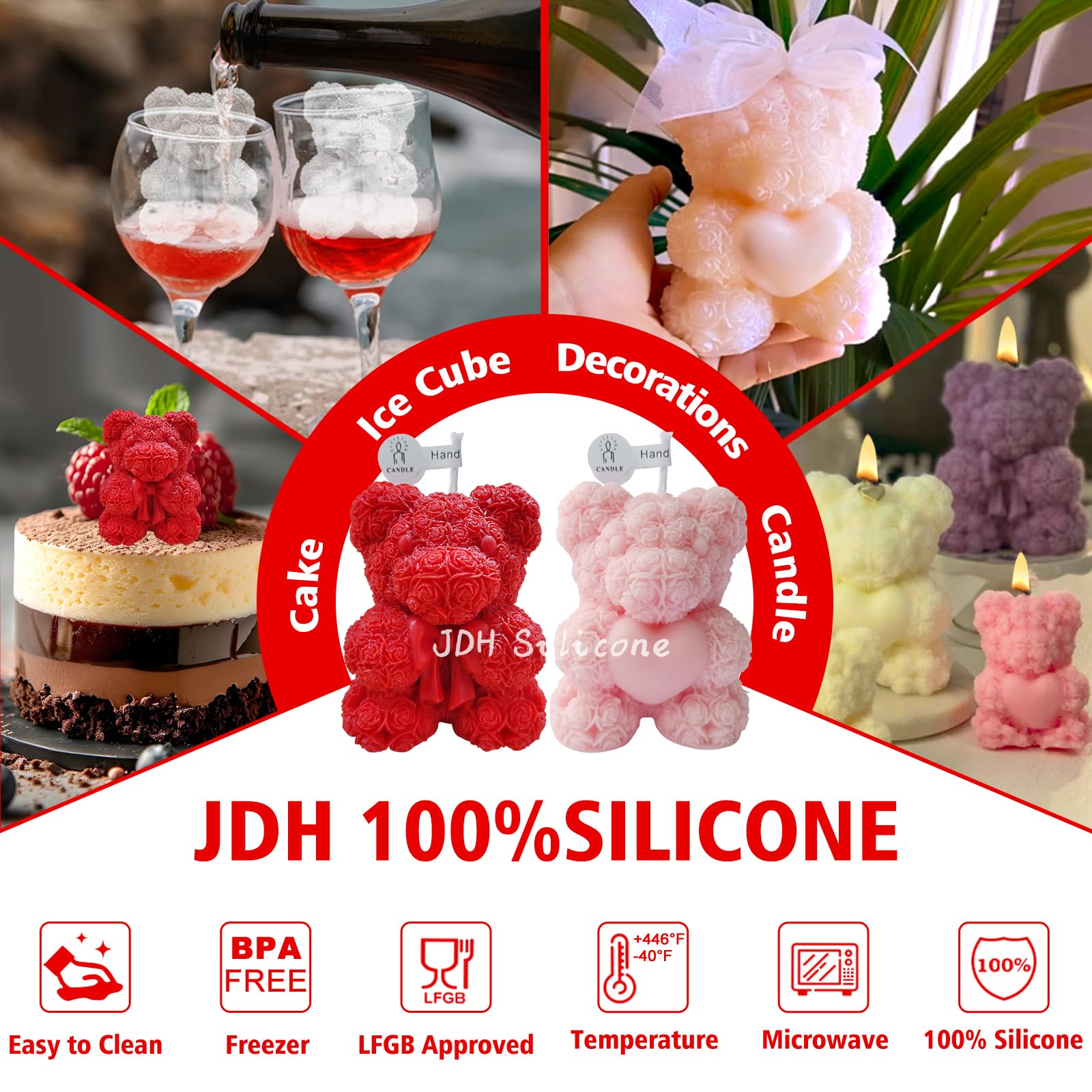 2PCS 3D Rose Bear Wax Candle Mold,Teddy Bear Candle Making Molds,Cute Epoxy Resin Molds,Ornament for DIY Wax Candles Art Craft Cake Chocolate Soap Mold Home Decor Valentine Gifts Birthday Gift