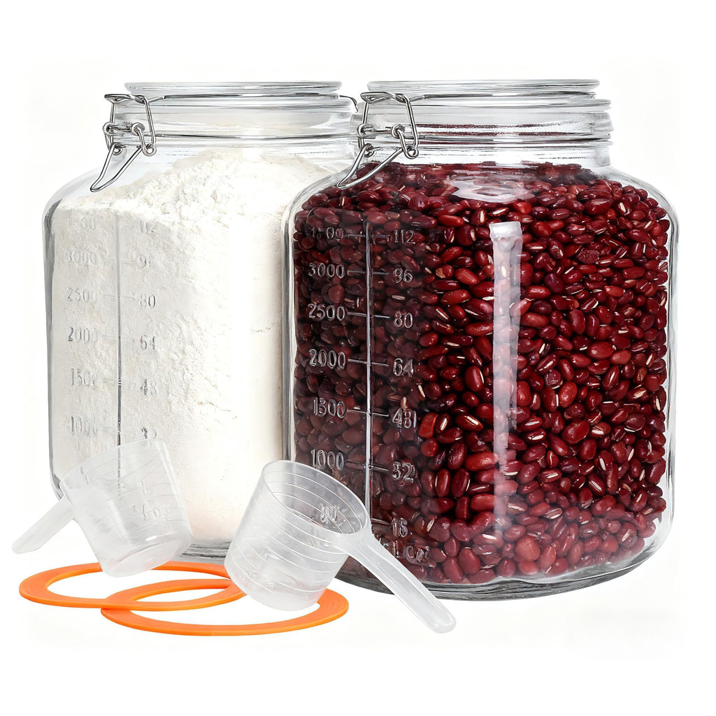 2 Pack 1.1 Gallon Square Super Wide Mouth, Airtight Glass Storage Jars, with Measurement Marks, Leak-Proof Lids for Kitchen Pantry, Canning, Dry Food (Flour, Sugar) & Drinks