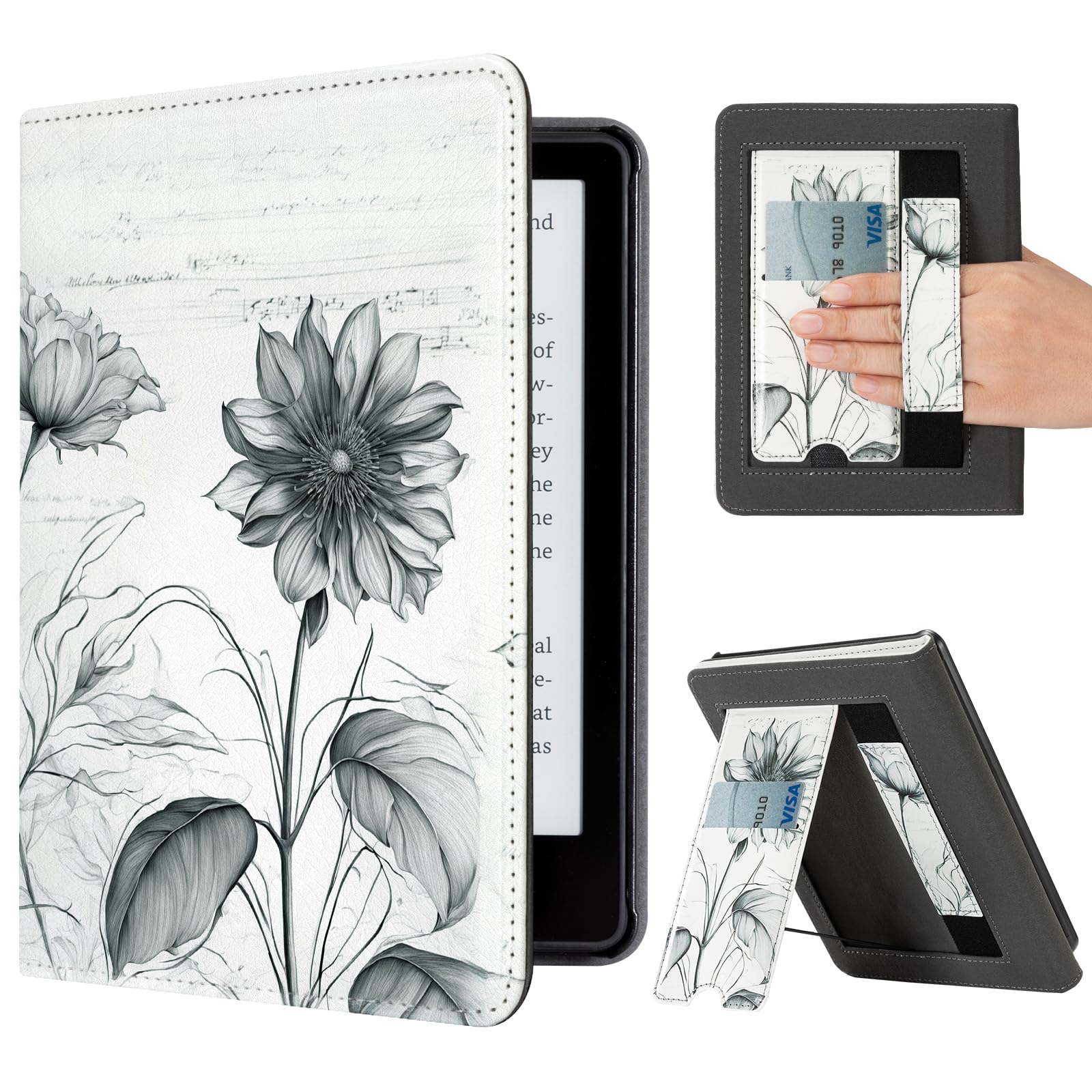 CoBak Case with Stand for Kindle Paperwhite 12th Gen 2024 Released (7") & Kindle Colorsoft Signature Edition - Durable PU Leather Cover with Auto Sleep Wake, Card Slot, Hand Strap Feature, Sage Green
