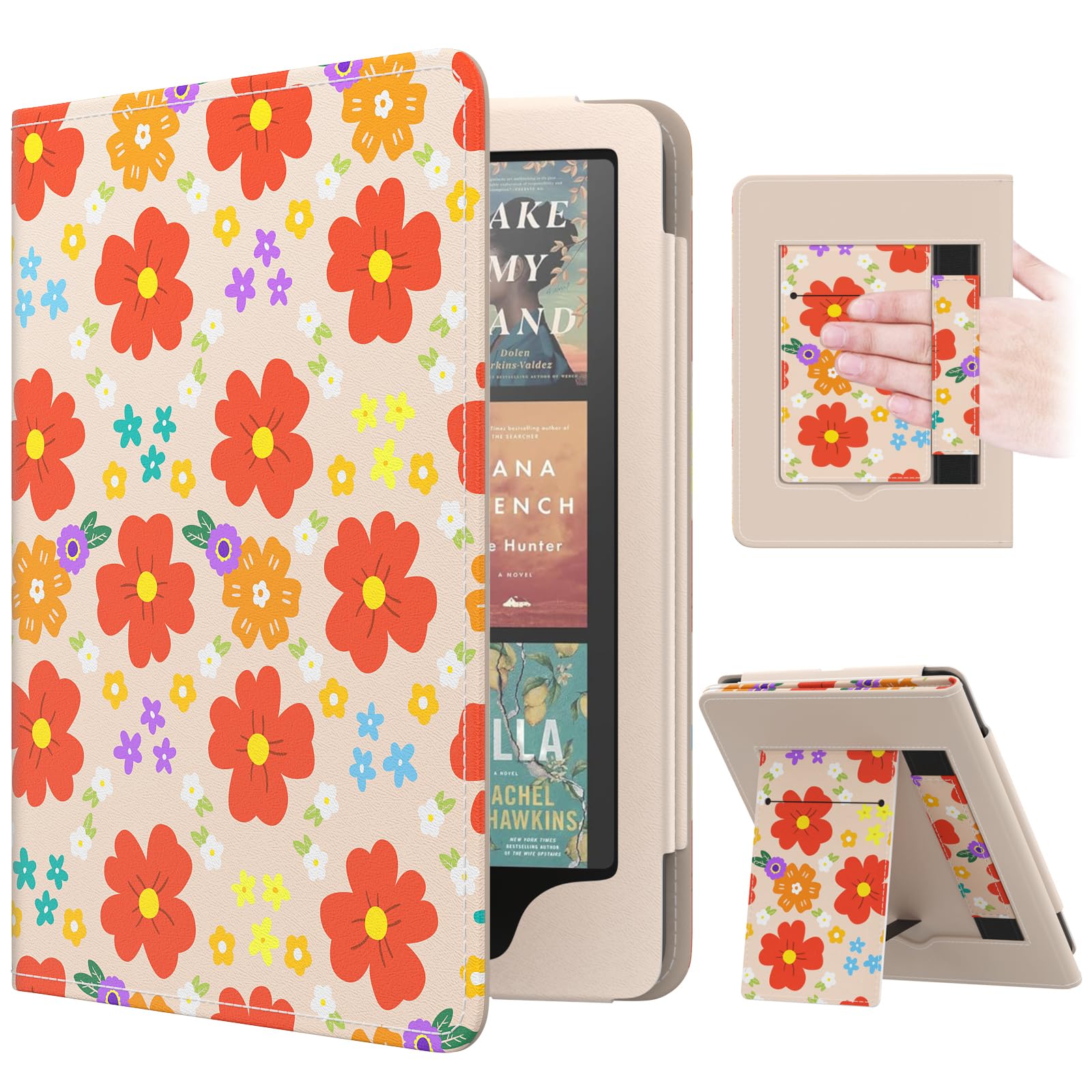 MoKo Case for 7"/6.8" Kindle Paperwhite(12th/11th Generation-2024/2021) and Kindle Colorsoft Signature Edition, Slim PU Shell Cover Case with Auto-Wake/Sleep for Kindle Paperwhite 2024, Flowers