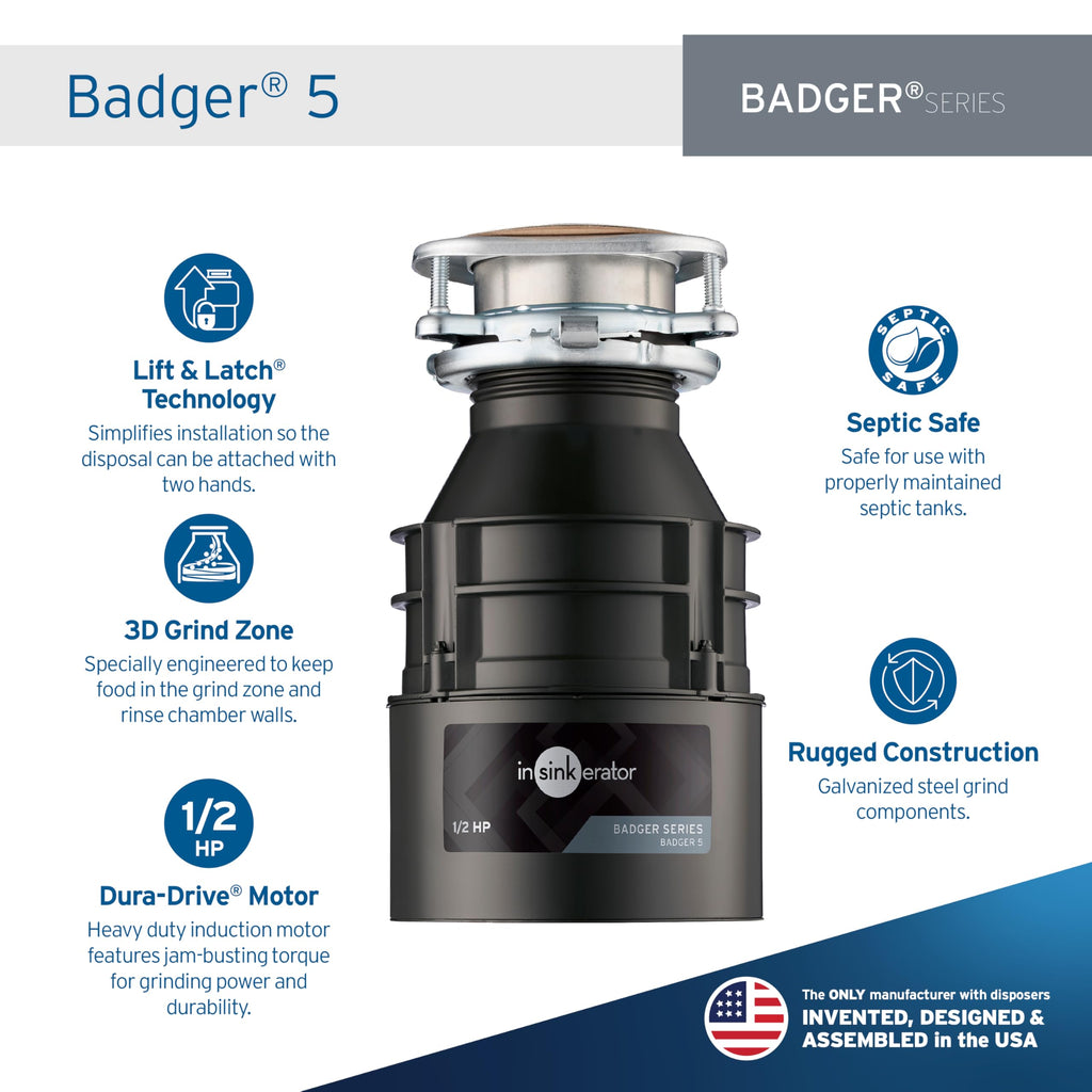InSinkErator Badger 5 Garbage Disposal, Badger Series 1/2 HP Continuous Feed Food Waste Disposer