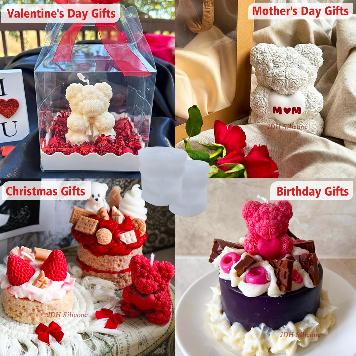 2PCS 3D Rose Bear Wax Candle Mold,Teddy Bear Candle Making Molds,Cute Epoxy Resin Molds,Ornament for DIY Wax Candles Art Craft Cake Chocolate Soap Mold Home Decor Valentine Gifts Birthday Gift