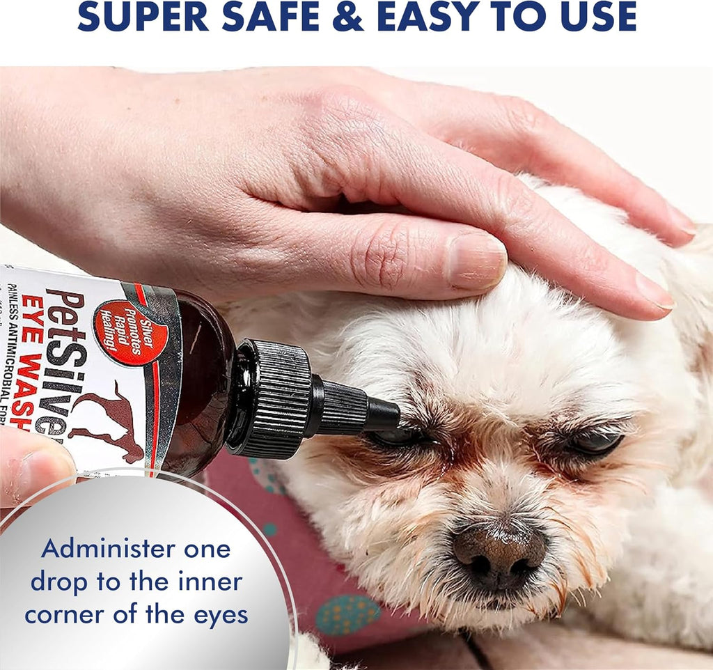 PetSilver Eye Wash (4 fl oz) & Ear Wash (8 fl oz) with Patented Chelated Silver - Gentle Eye Cleaner, Tear Stain Remover, and Ear Treatment for Itchy & Inflamed Ears in Cats and Dogs - Made in USA