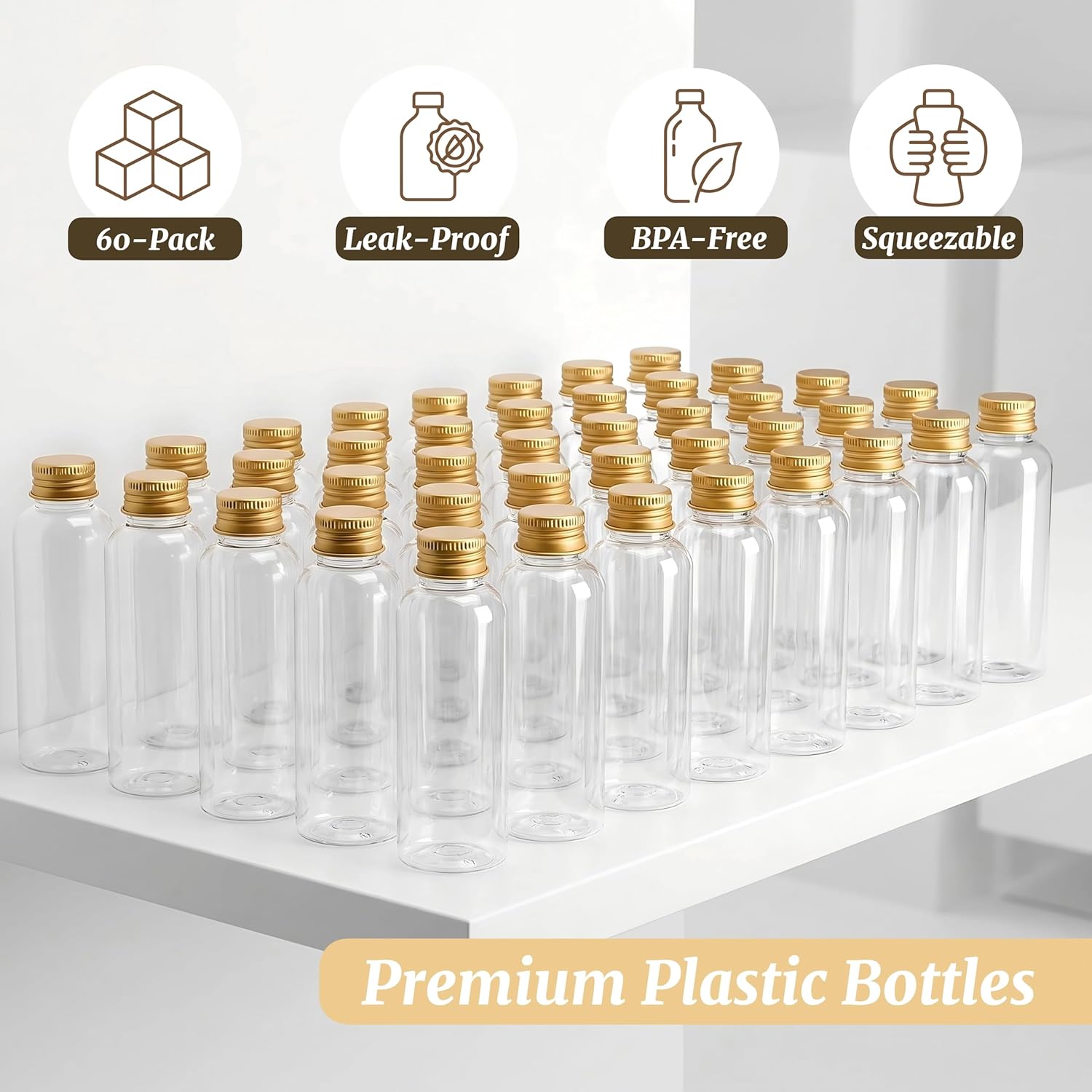 60 Pack 3.4 oz Plastic Travel Bottles, 100ml Leakproof Clear Empty Travel Size Bottle Bulk with Gold Screw Caps, Refillable Shampoo Squeeze Containers for Essential Oil, Toiletries, Cosmetics
