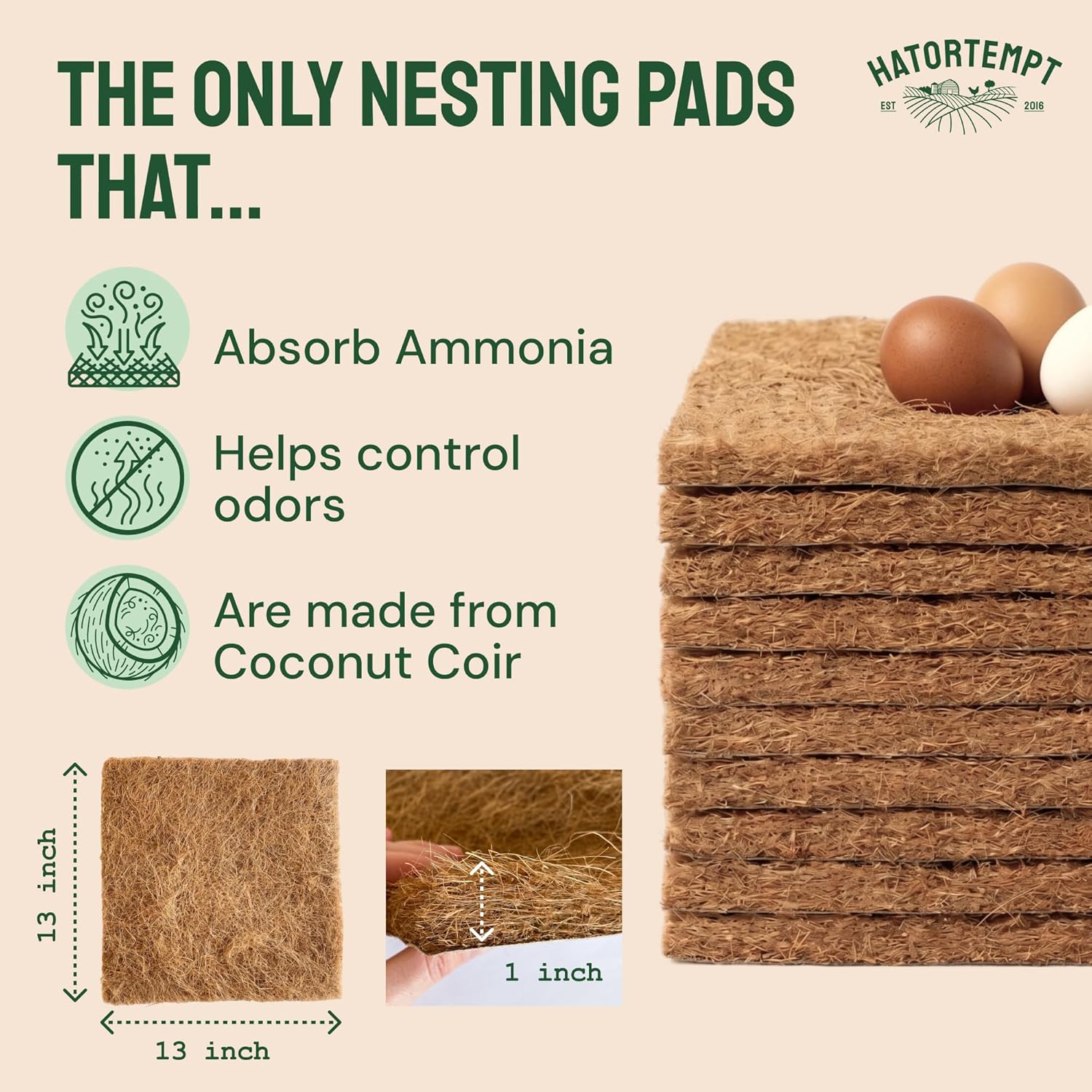 Hatortempt Chicken Nesting Pads for Laying Hens - Coconut Coir - Ammonia Absorbing Nesting Box Pads for Chicken Coop - 13x13, 10 Pack of Liners