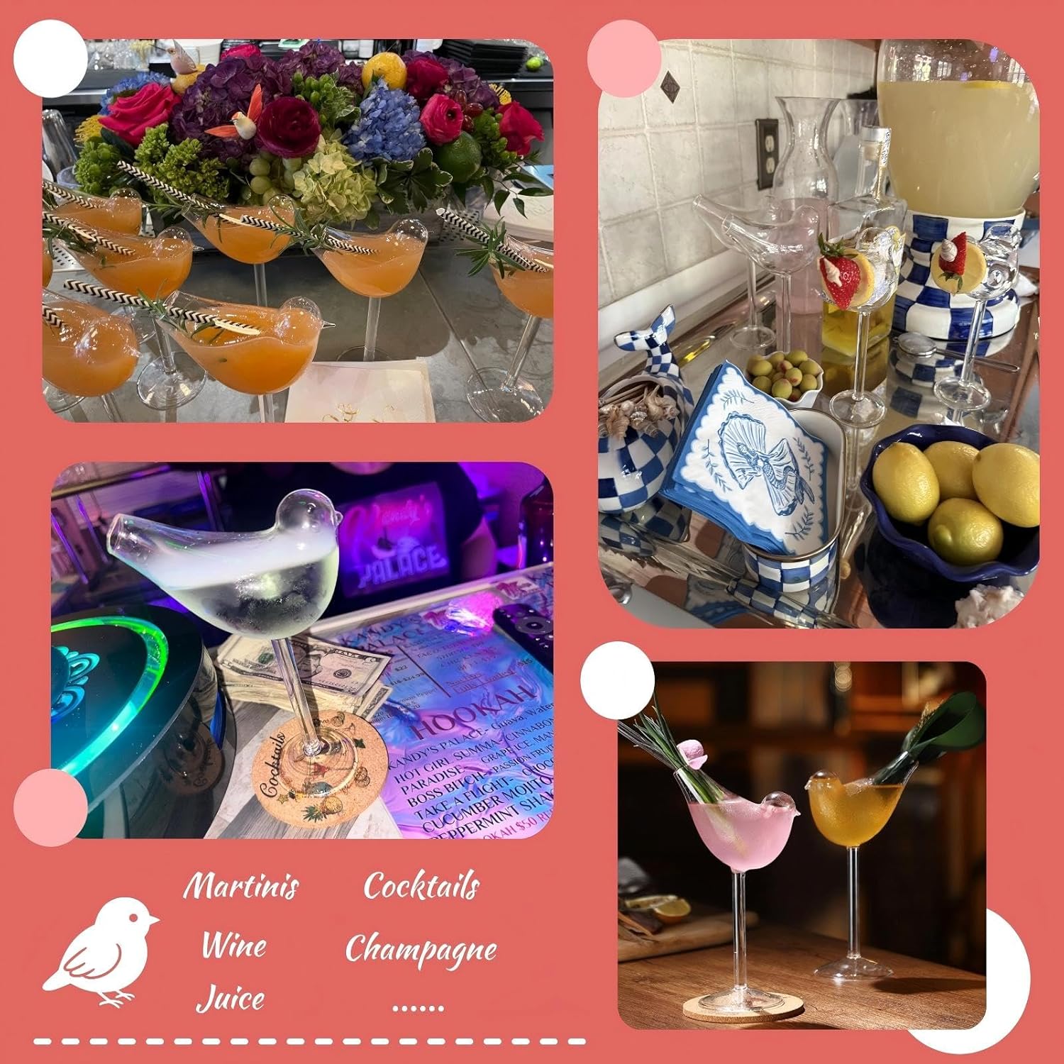 4 Pack Bird Cocktail Glasses, 160ml/5.4 Oz Bird Shaped Martini Glass, Clear Fancy Drinking Glasses, Unique Wine Glasses for champagne, Mixed Drinks, Party, Wedding and Home decor