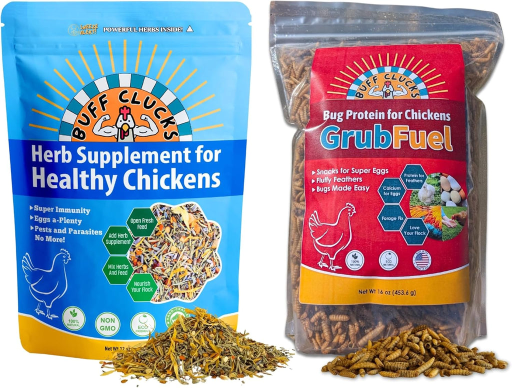 Buff Clucks Healthy Chickens Bundle - Herb Supplements for Backyard Chickens and Grub Fuel Black Soldier Fly Larvae - Nutrient Packed Chicken Treats, Poultry Feed