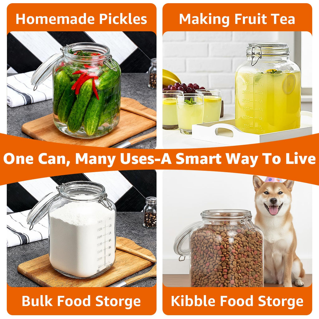 2 Pack 1.1 Gallon Square Super Wide Mouth, Airtight Glass Storage Jars, with Measurement Marks, Leak-Proof Lids for Kitchen Pantry, Canning, Dry Food (Flour, Sugar) & Drinks