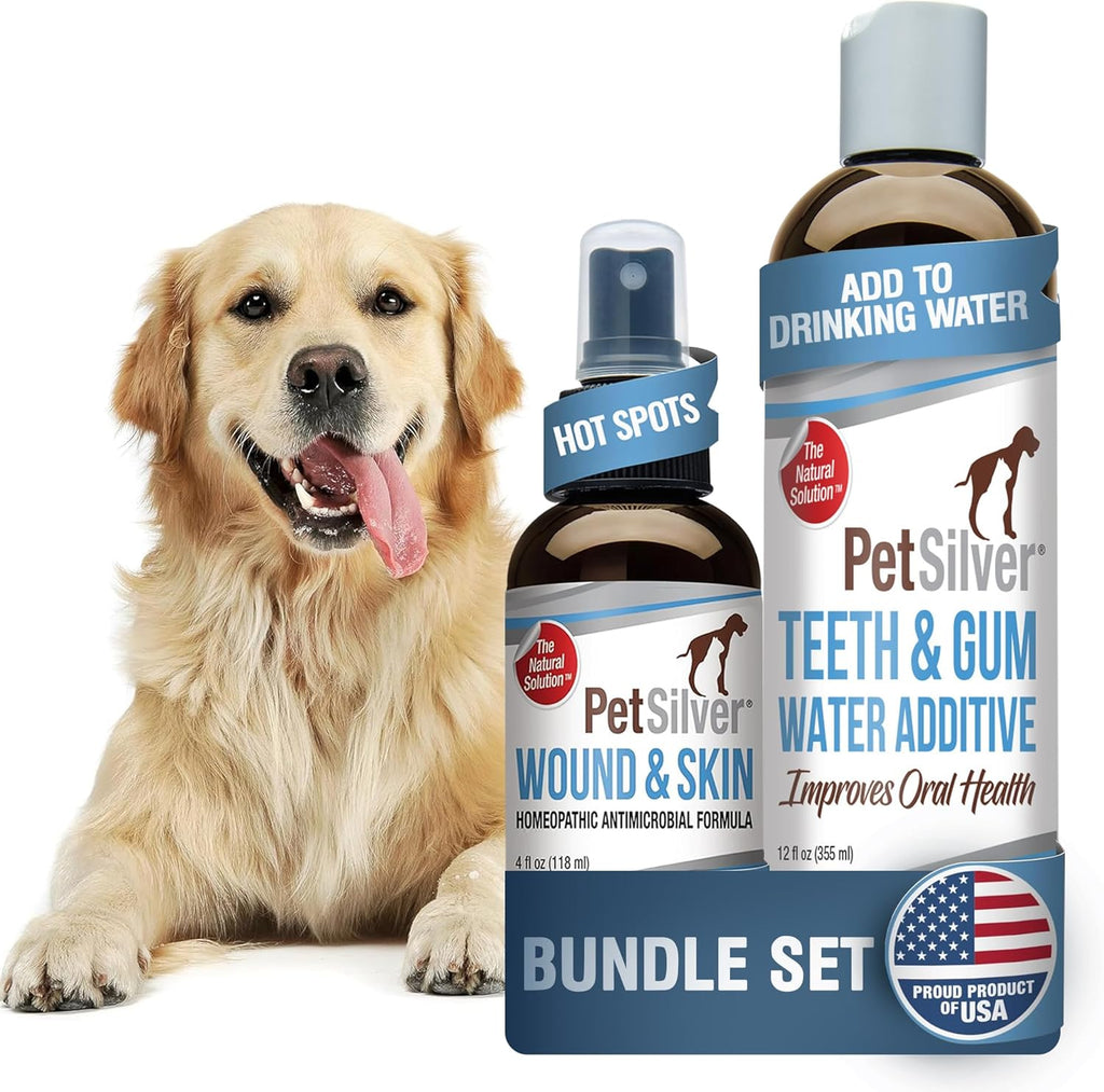 PetSilver - Wound & Skin Spray (4 fl oz) and Teeth & Gum Water Additive (12 fl oz) with Patented Chelated Silver - Wound, Hot Spot, Itch Spray - Natural Dental Additive for Cats and Dogs - Made in USA