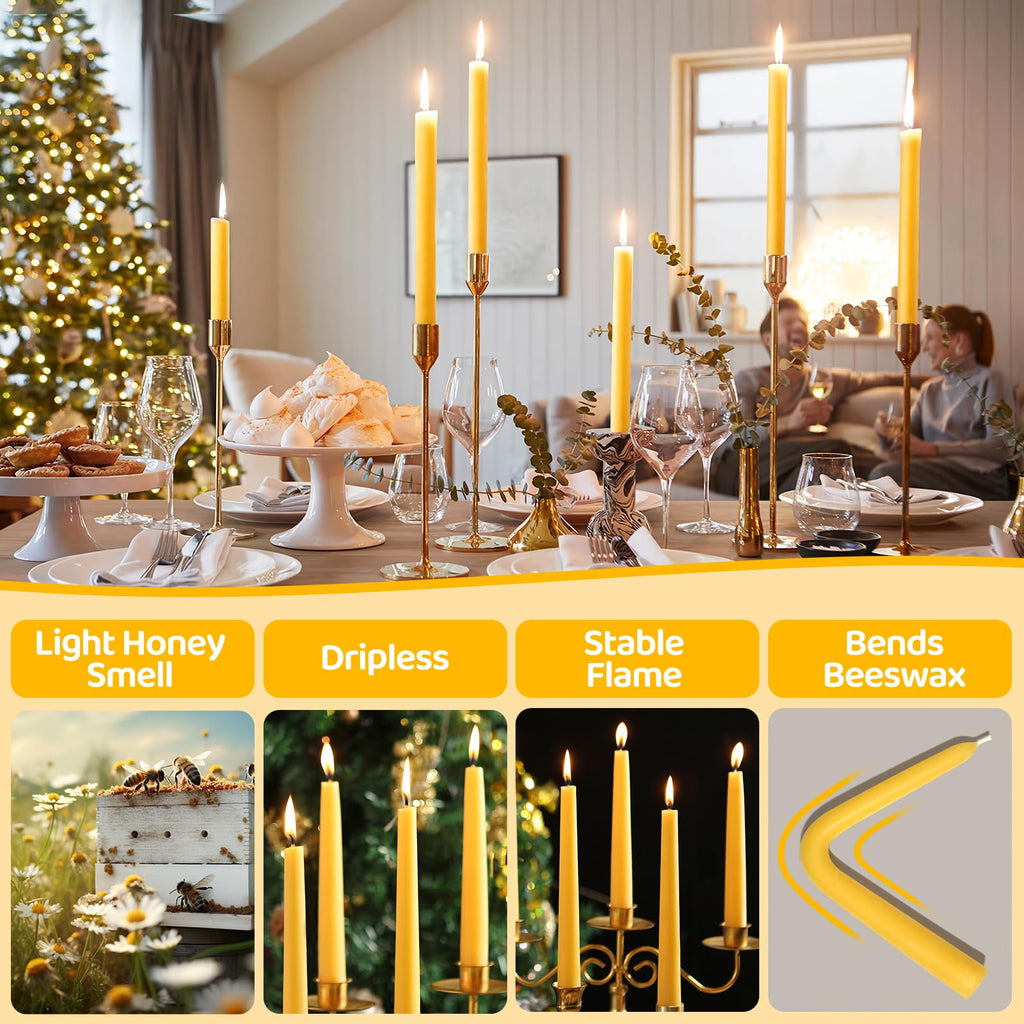 12 Pack Beeswax Taper Candles,8in Dripless Pure Beeswax Candles Non Toxic,8 Hours Long Burning 100% Natural Candle Sticks,Smokeless and Unscented Bees Wax Candle for Home,Prayer,Tall Tapered