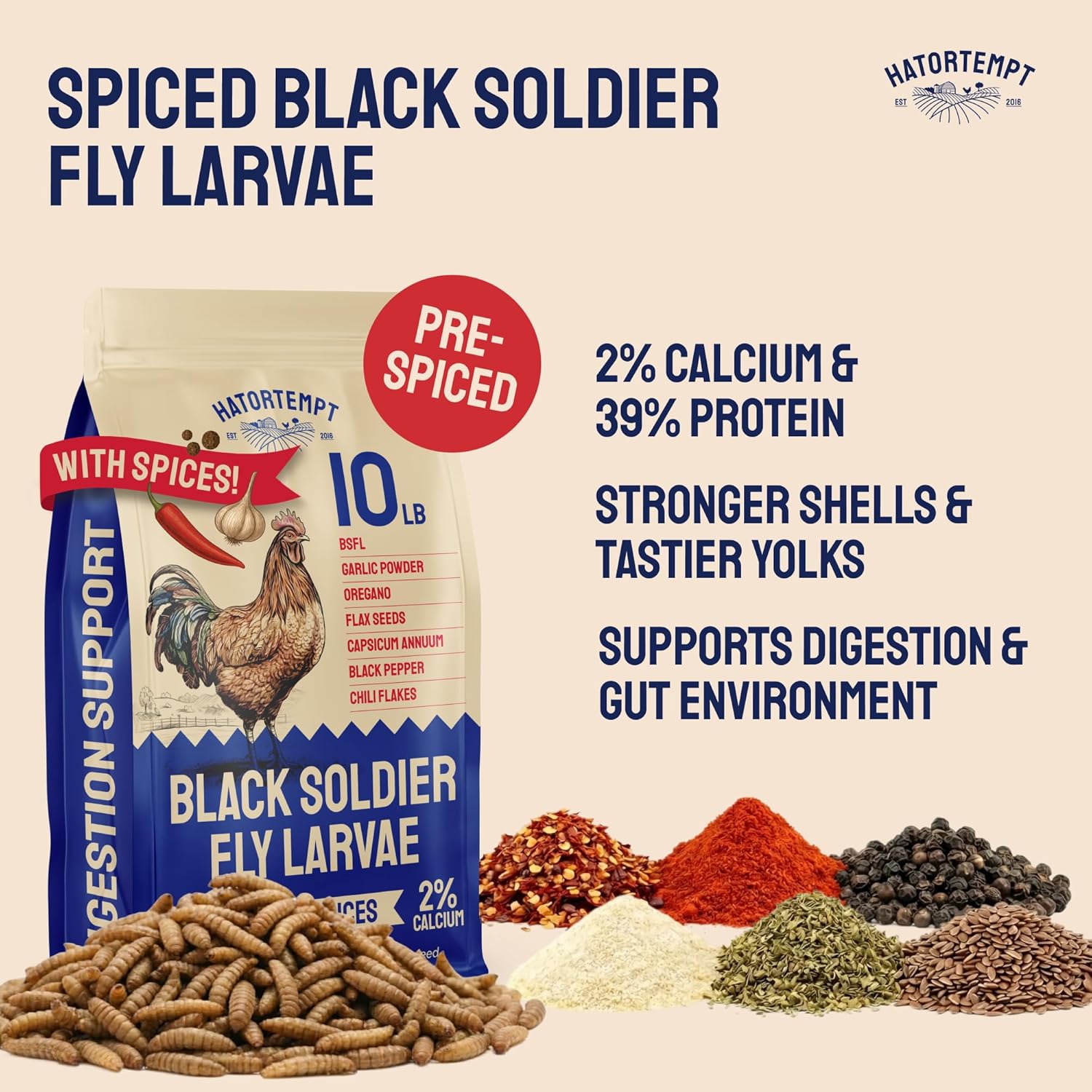 Hatortempt Spiced Black Soldier Fly Larvae for Chickens 10lb - High-Calcium Worm Treats for Laying Hens - Coated with a Chili Mix for Chickens