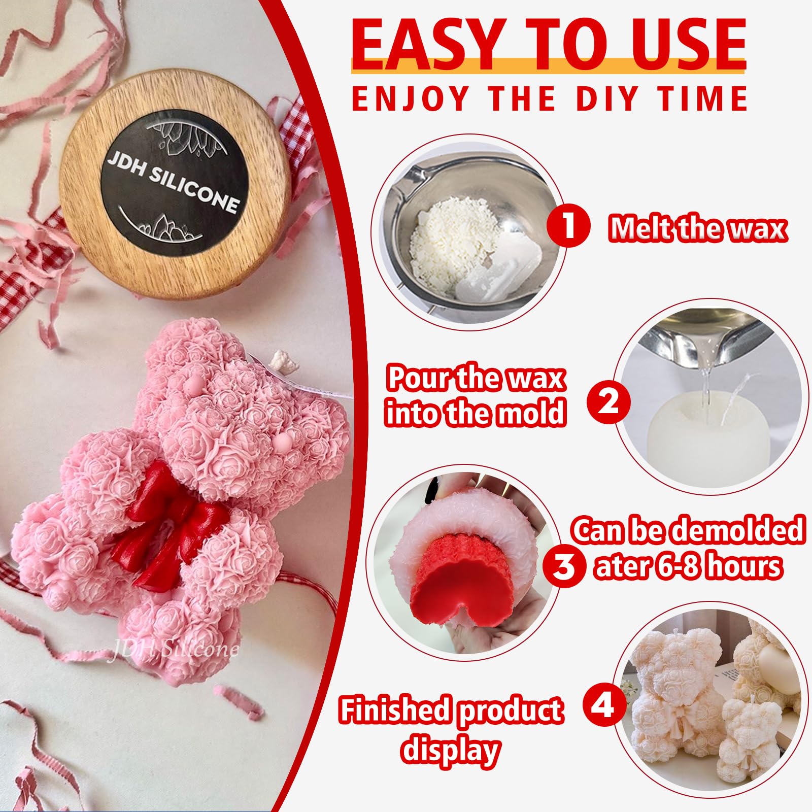 2PCS 3D Rose Bear Wax Candle Mold,Teddy Bear Candle Making Molds,Cute Epoxy Resin Molds,Ornament for DIY Wax Candles Art Craft Cake Chocolate Soap Mold Home Decor Valentine Gifts Birthday Gift