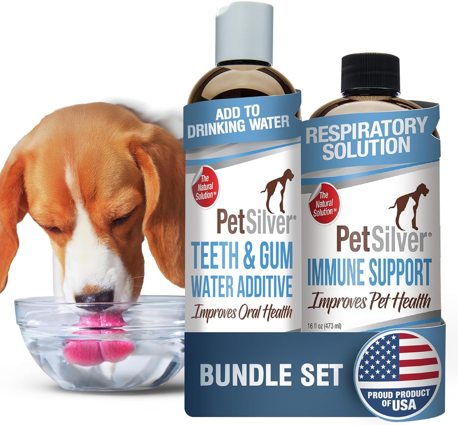 PetSilver - Immune Support (16 fl oz) and Teeth & Gum Water Additive (12 fl oz) with Patented Chelated Silver - Allergies, Sinus & Cough Treatment - Breath Freshener for Cats and Dogs - Made in USA