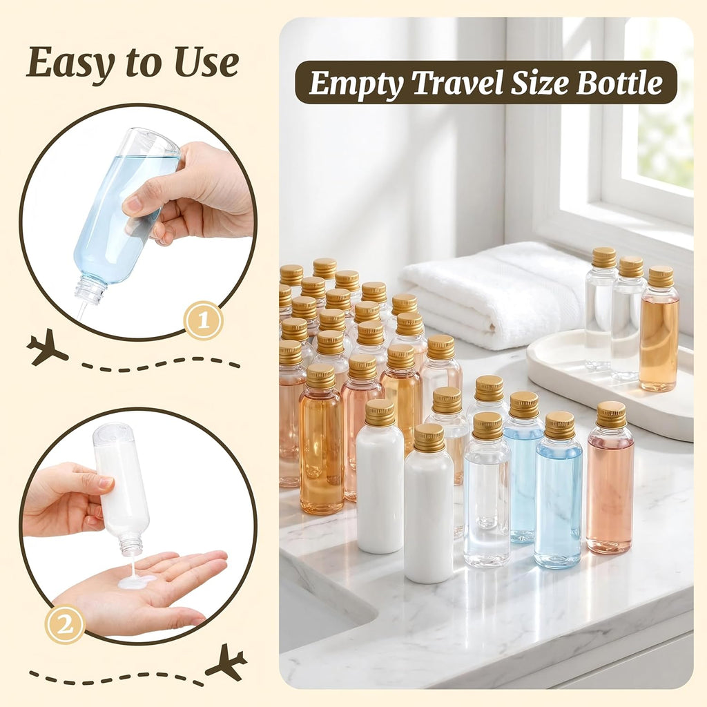 60 Pack 3.4 oz Plastic Travel Bottles, 100ml Leakproof Clear Empty Travel Size Bottle Bulk with Gold Screw Caps, Refillable Shampoo Squeeze Containers for Essential Oil, Toiletries, Cosmetics