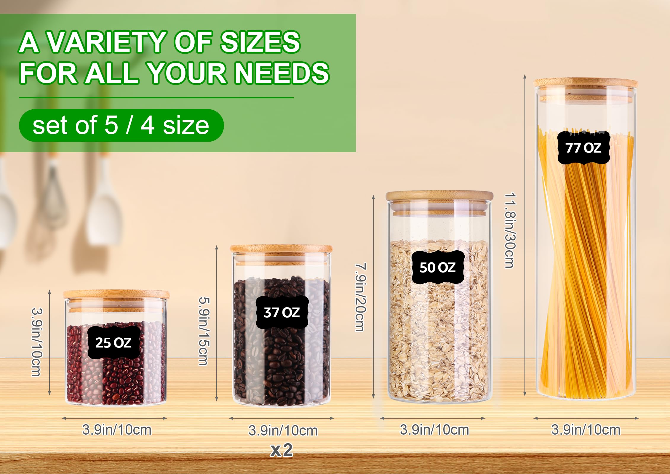 2 Pack 1.1 Gallon Square Super Wide Mouth, Airtight Glass Storage Jars, with Measurement Marks, Leak-Proof Lids for Kitchen Pantry, Canning, Dry Food (Flour, Sugar) & Drinks
