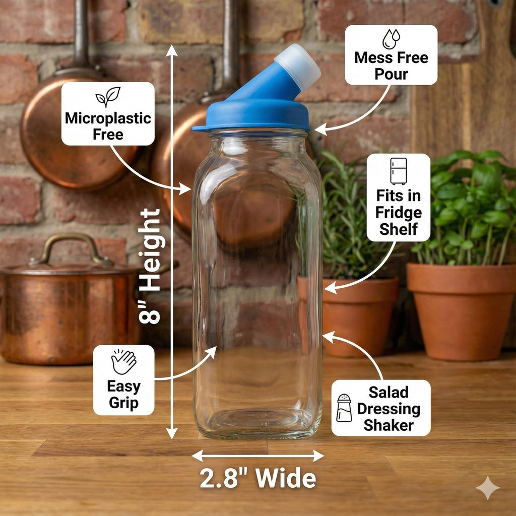 kitchentoolz Salad Dressing Container Glass Bottles – 16oz Glass Salad Dressing Shaker Bottle 4-Pack with Non-Metal Silicone Lids for Dressings, Marinades, Sauce