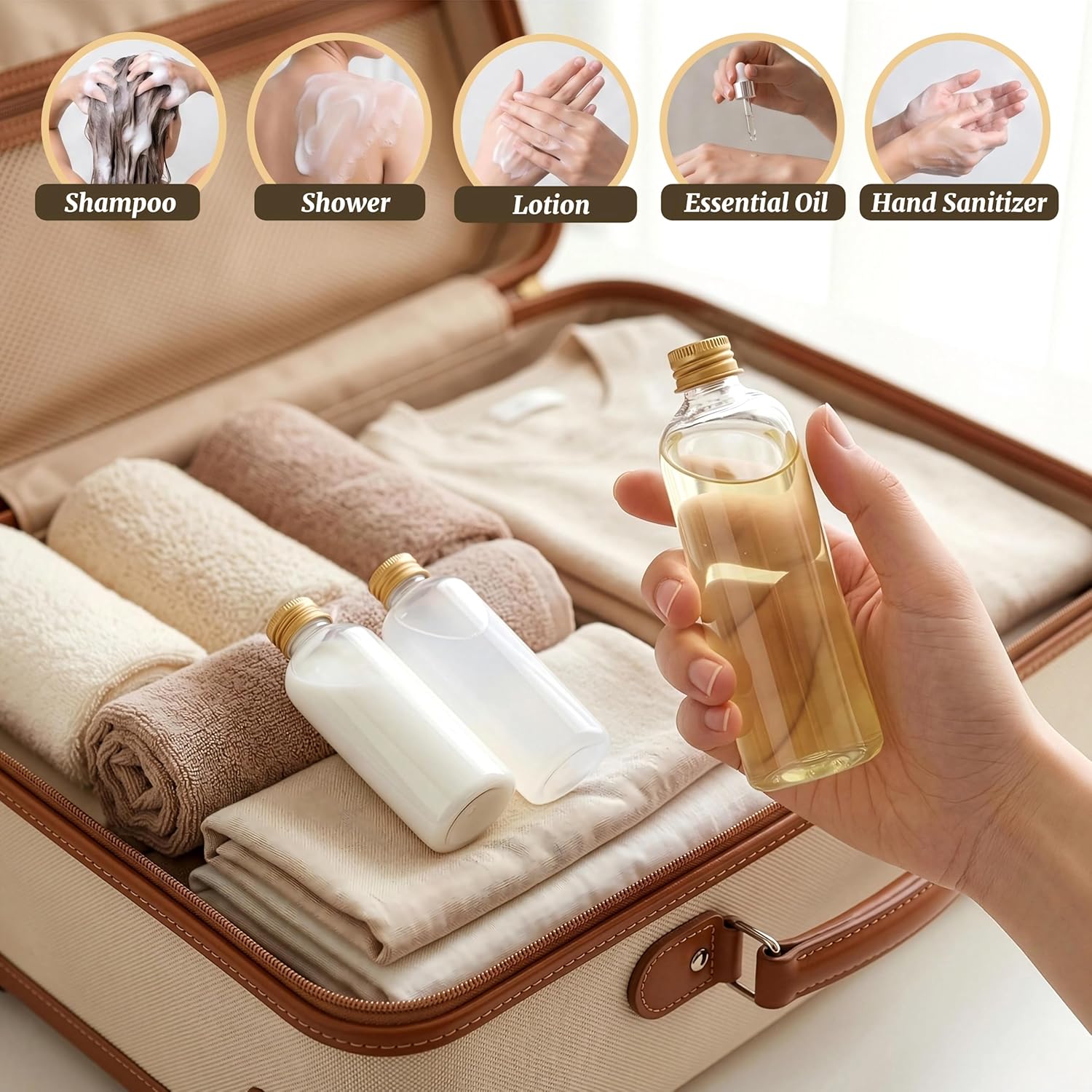 60 Pack 3.4 oz Plastic Travel Bottles, 100ml Leakproof Clear Empty Travel Size Bottle Bulk with Gold Screw Caps, Refillable Shampoo Squeeze Containers for Essential Oil, Toiletries, Cosmetics