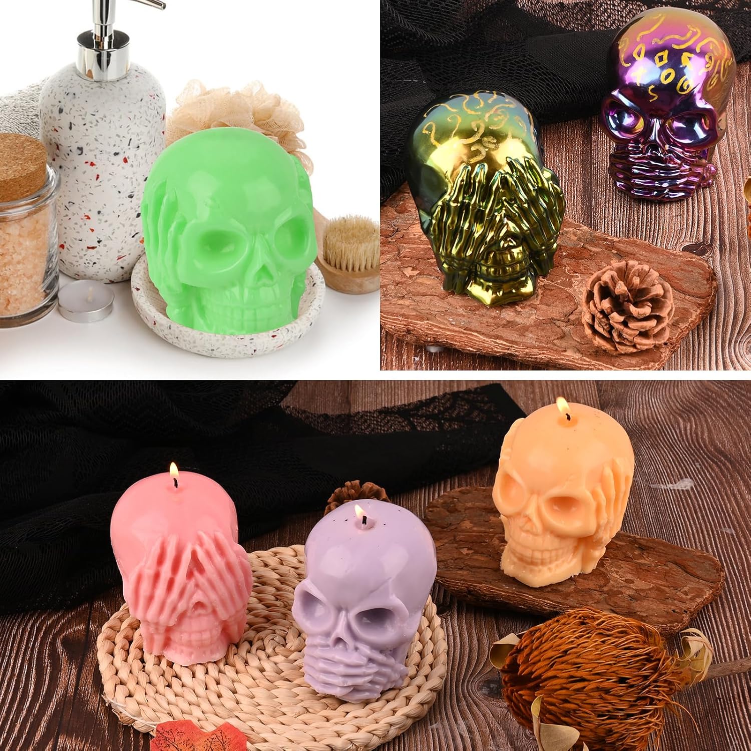 HUAKENER 3 Pack Skull Candle Molds, 3D Skull Resin Molds, Hear-no, Speak-no, See-no Skull Silicone Molds for Candle, Epoxy Resin, Soap, Halloween Cake Decor