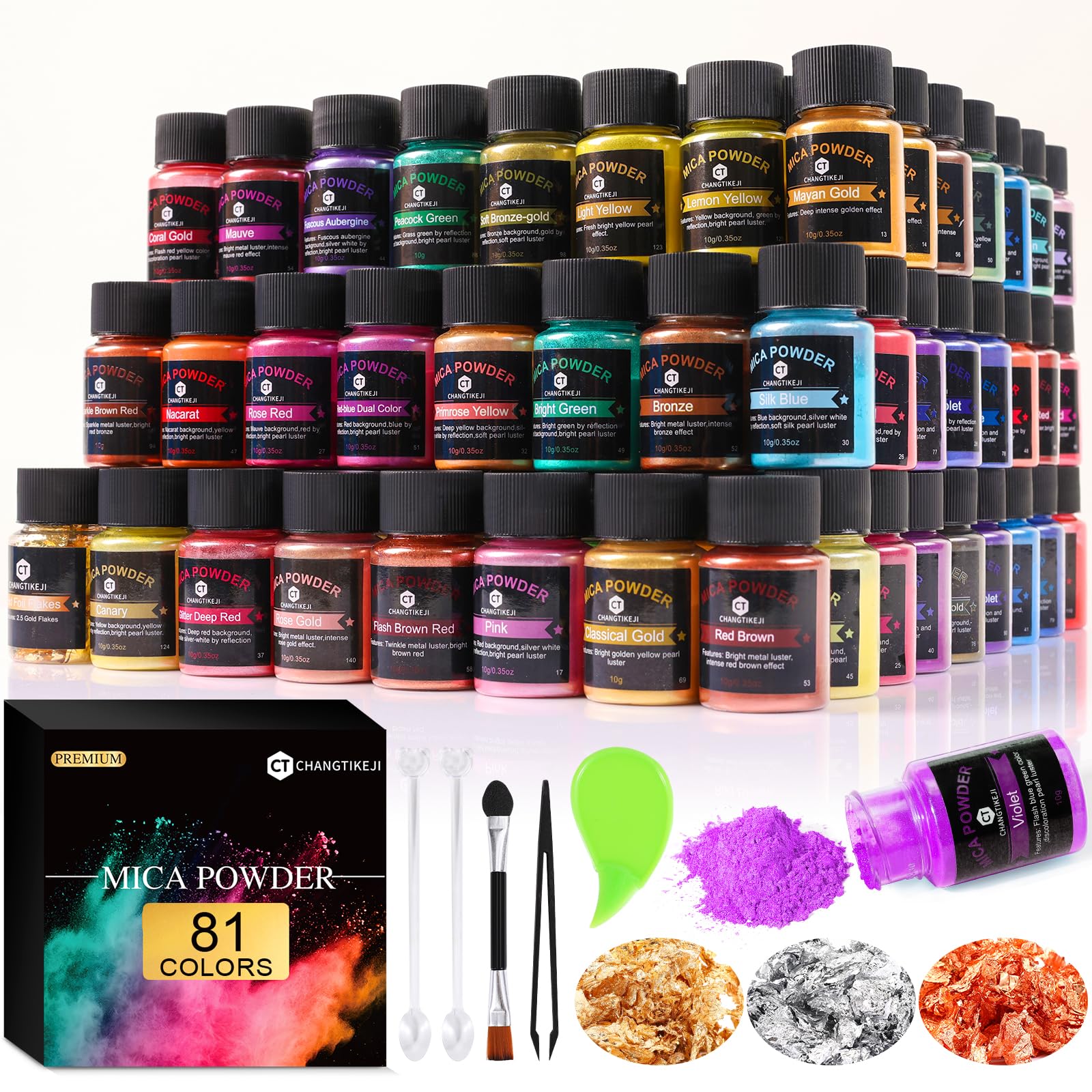 CHANGTIKEJI Mica Powder，24 Colors - 10g/Bottle of Natural Pigment Powder for Epoxy Resin，Soap Making，Candle Making,Lip Gloss,Car Freshies,Dye,Nail Polish,Bath Bombs