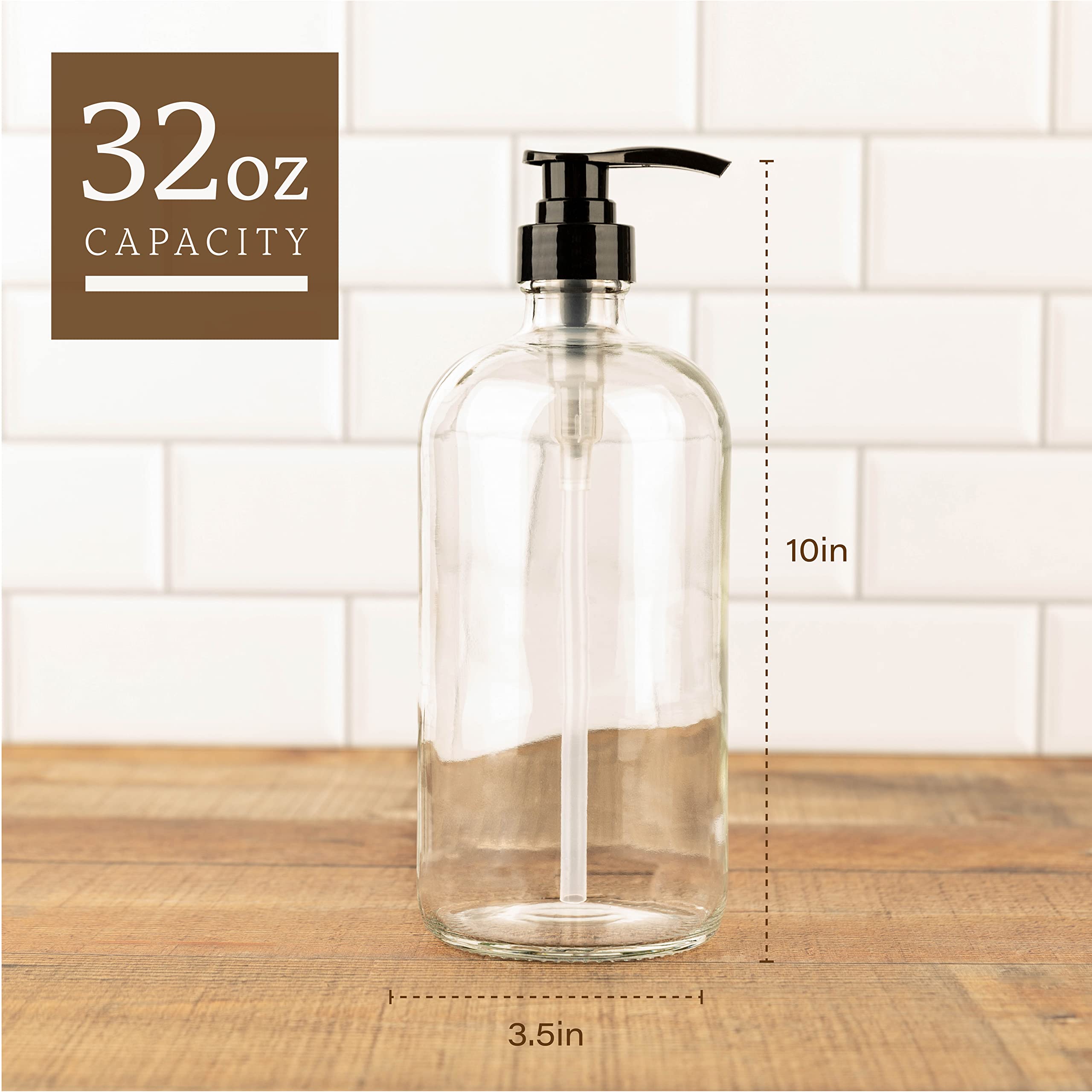 32-Ounce Pump Bottles, Large Clear Glass Boston Round Bottles w/Black Pumps. Great for Lotions, Laundry Soap Detergent, Oils, Sauces - Food Safe and Medical Grade - by kitchentoolz (Pack of 2)