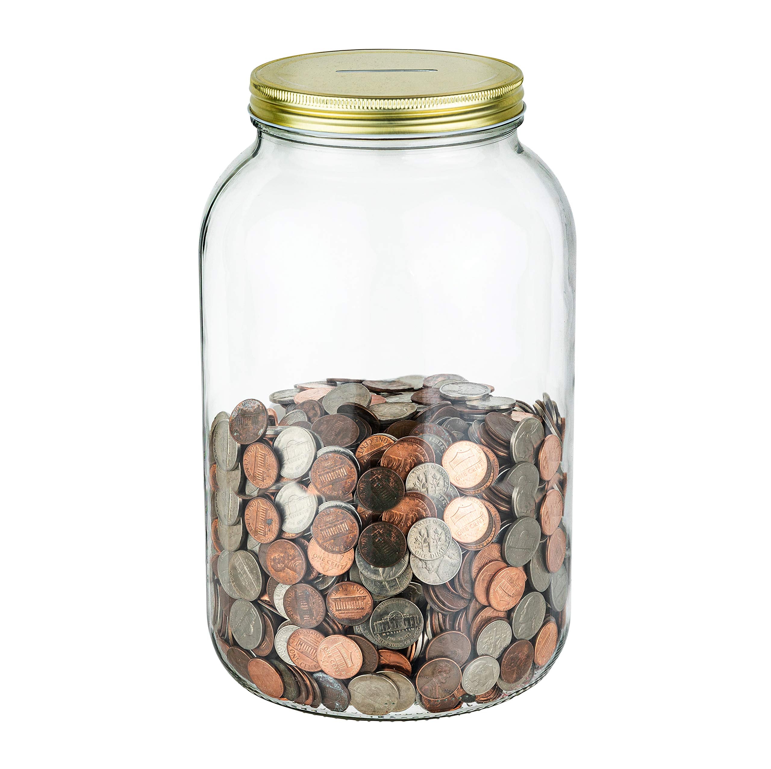 Half Gallon Glass Coin Bank Piggy Bank with Slotted Lid – Holds Over $1,450 in Coins – Tip Jar, Donation Collector, Raffle Ticket Holder – Made in USA
