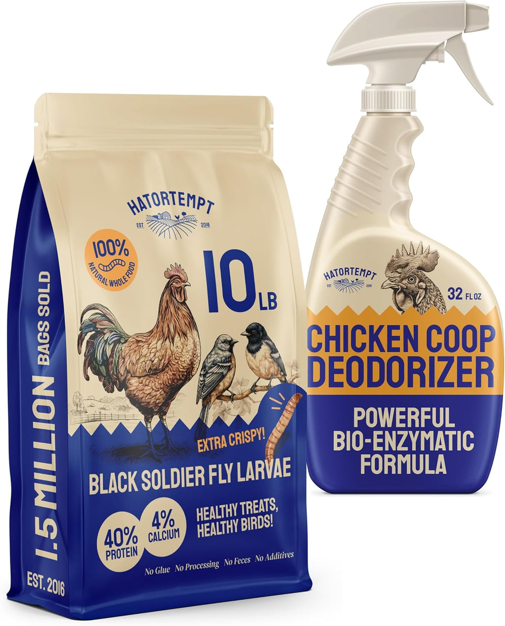 Hatortempt 10lb Black Soldier Fly Larvae and 32fl oz Coop Deodorizer Bundle - 4% Calcium Organic Treats - Safe, No-Rinse Coop Refresher (2-Pack)