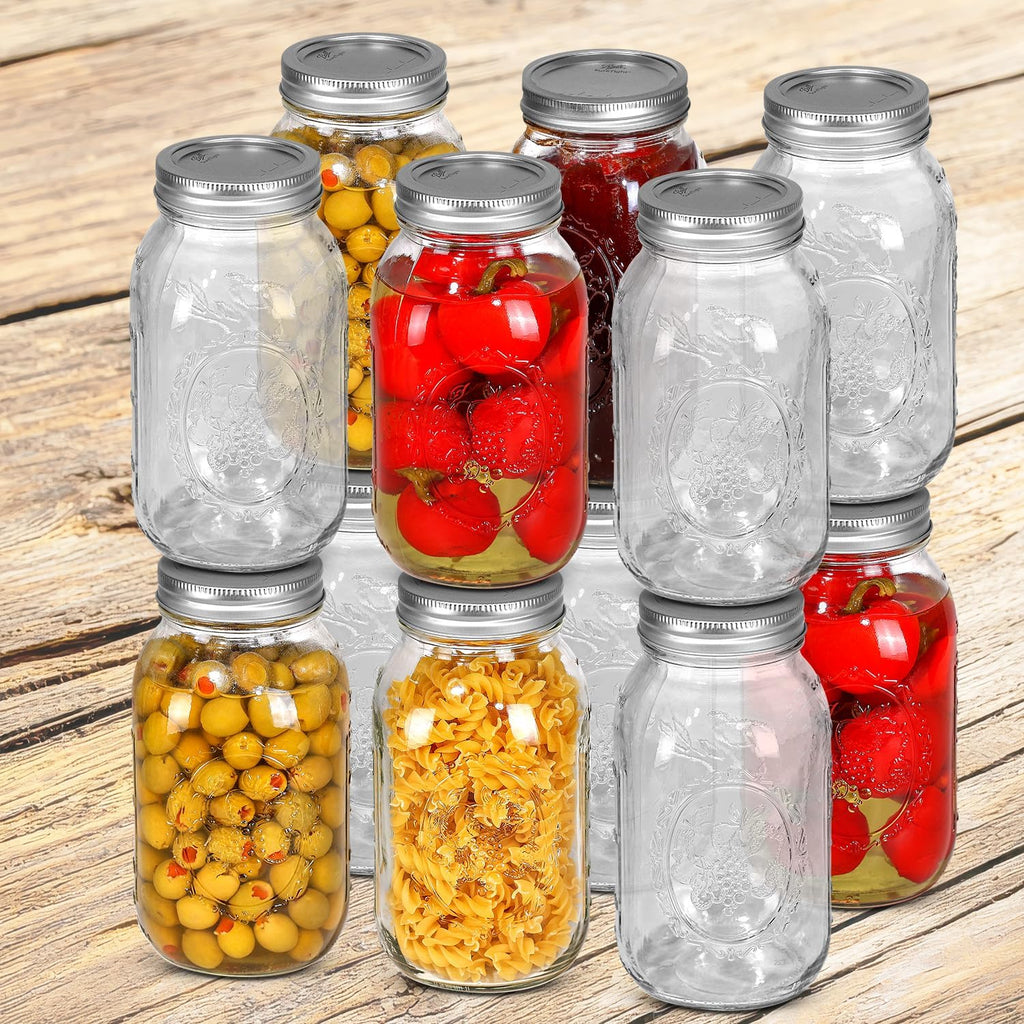 Ball Regular Mouth Mason Jars 32 oz. (12 Pack) - Quart Size Jars with Airtight Lids and Bands for Canning, Fermenting, Pickling, Meal Prep or DIY Decors and Projects Bundled with Peaknip Jar Opener