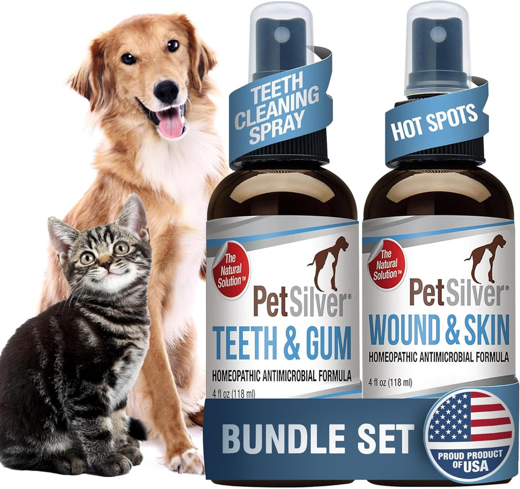 PetSilver - Wound & Skin Spray (4 fl oz) and Teeth & Gum Spray (4 fl oz) with Patented Chelated Silver - Wound, Hot Spot, & Itch Spray - Teeth Cleaner & Breath Freshener for Cats and Dogs - Made in US