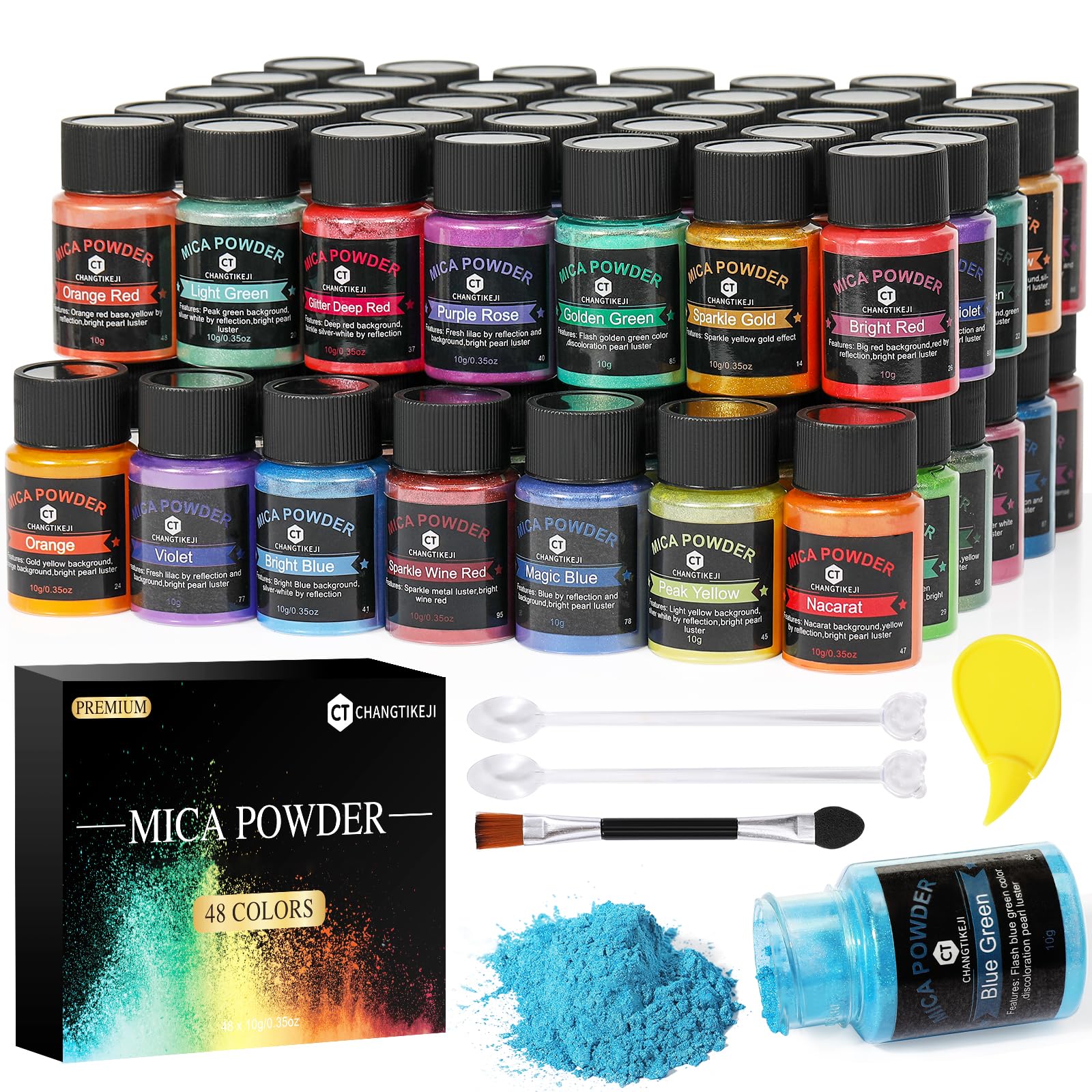 CHANGTIKEJI Mica Powder，24 Colors - 10g/Bottle of Natural Pigment Powder for Epoxy Resin，Soap Making，Candle Making,Lip Gloss,Car Freshies,Dye,Nail Polish,Bath Bombs