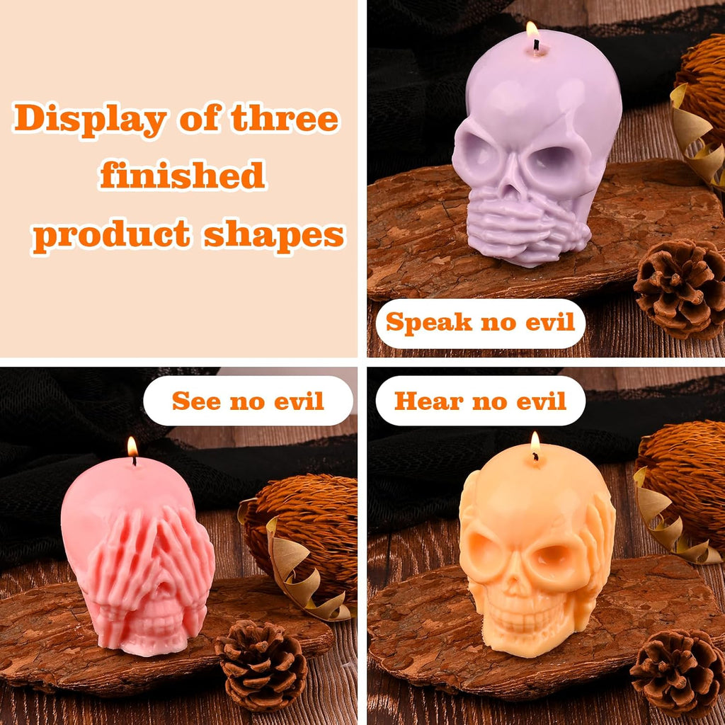 HUAKENER 3 Pack Skull Candle Molds, 3D Skull Resin Molds, Hear-no, Speak-no, See-no Skull Silicone Molds for Candle, Epoxy Resin, Soap, Halloween Cake Decor