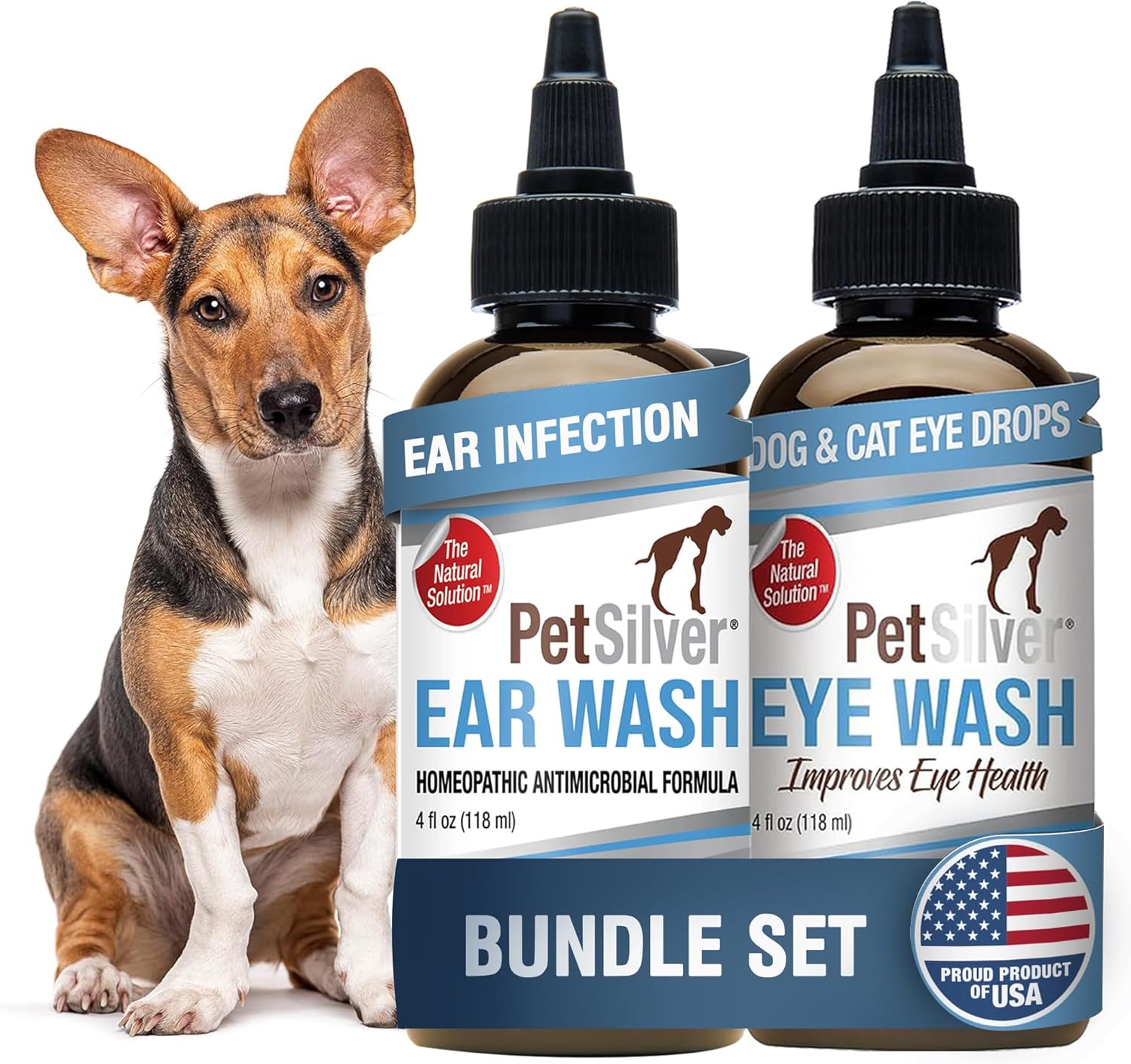 PetSilver Eye Wash (4 fl oz) & Ear Wash (8 fl oz) with Patented Chelated Silver - Gentle Eye Cleaner, Tear Stain Remover, and Ear Treatment for Itchy & Inflamed Ears in Cats and Dogs - Made in USA