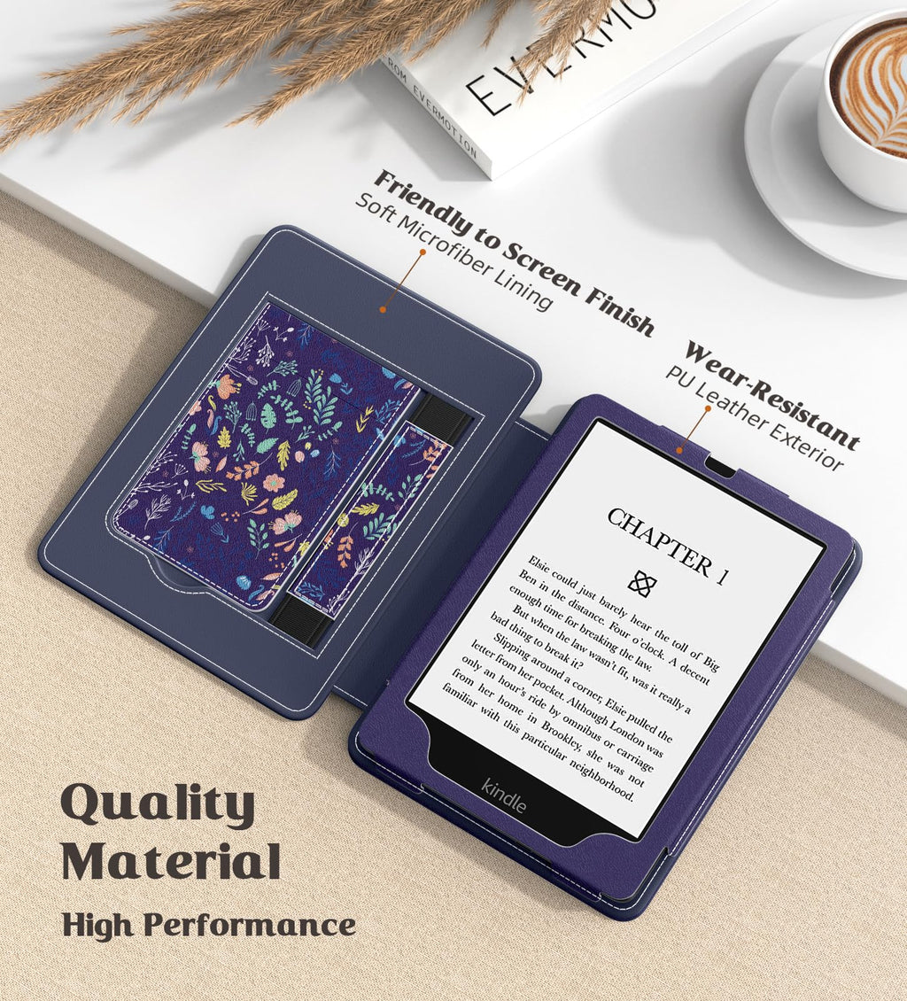 MoKo Case for 7"/6.8" Kindle Paperwhite(12th/11th Generation-2024/2021) and Kindle Colorsoft Signature Edition, Slim PU Shell Cover Case with Auto-Wake/Sleep for Kindle Paperwhite 2024, Flowers