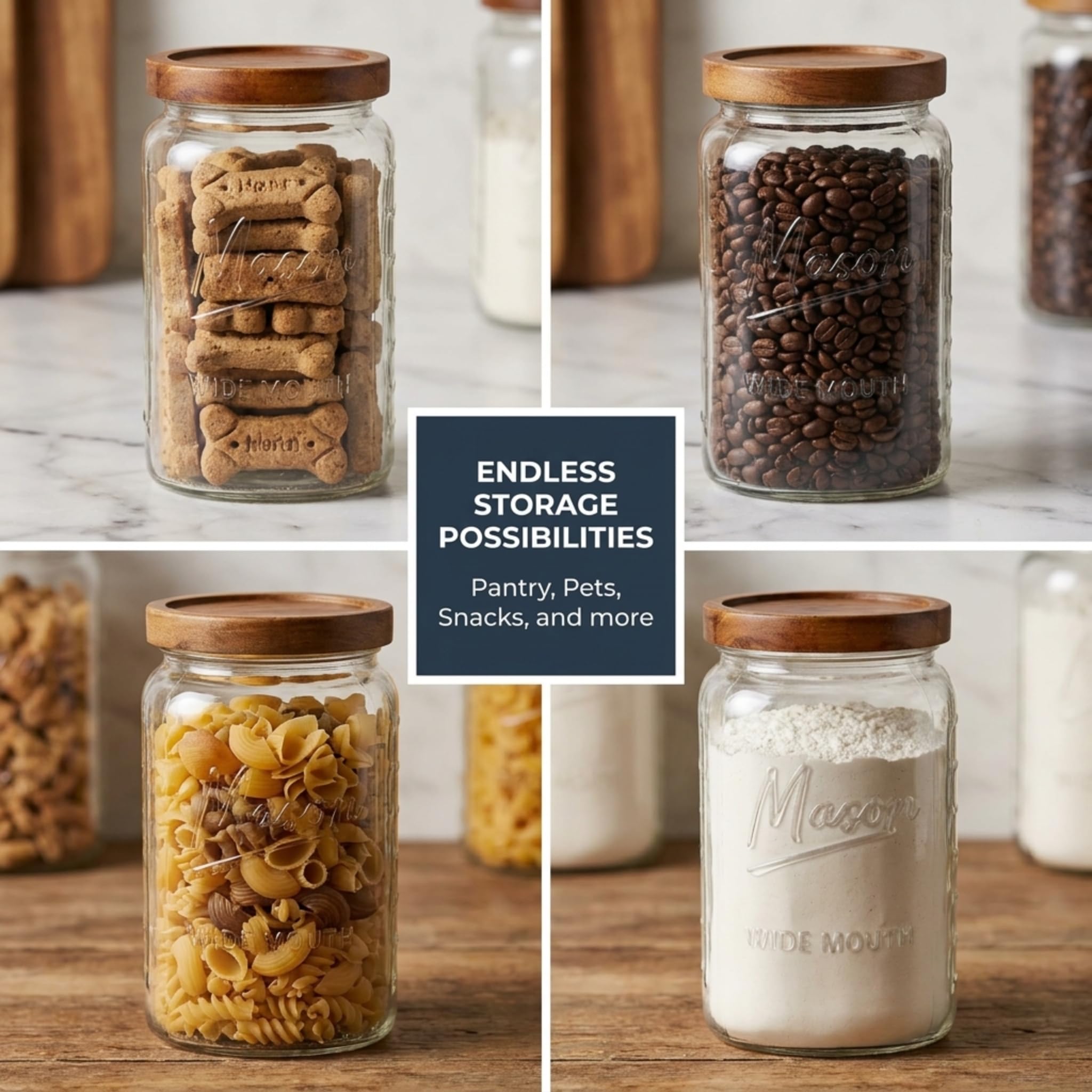 1 Gallon Glass Jars with Wooden Lids - Extra Large Mason Jars Wide Mouth with Airtight Wood Lids - Square Glass Storage Containers with Measurement Markings for Flour, Sugar & Pickling, 2 Pack