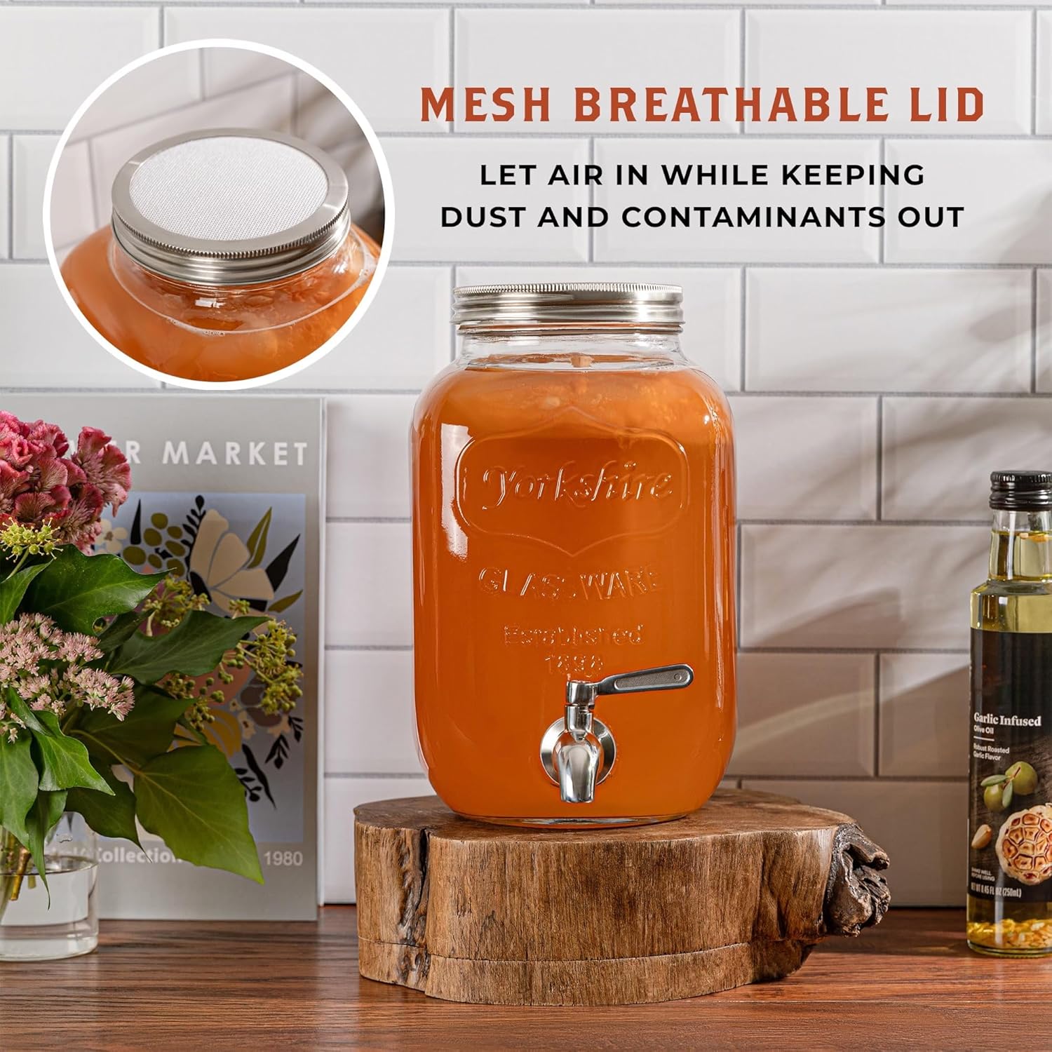 Kombucha Continuous Brewing Jar with Spigot - Gallon Glass Jar Dispenser & Scoby Starter Hotel with Mesh Lid & Airtight Lid - Designed by kitchentoolz for Home Fermentation