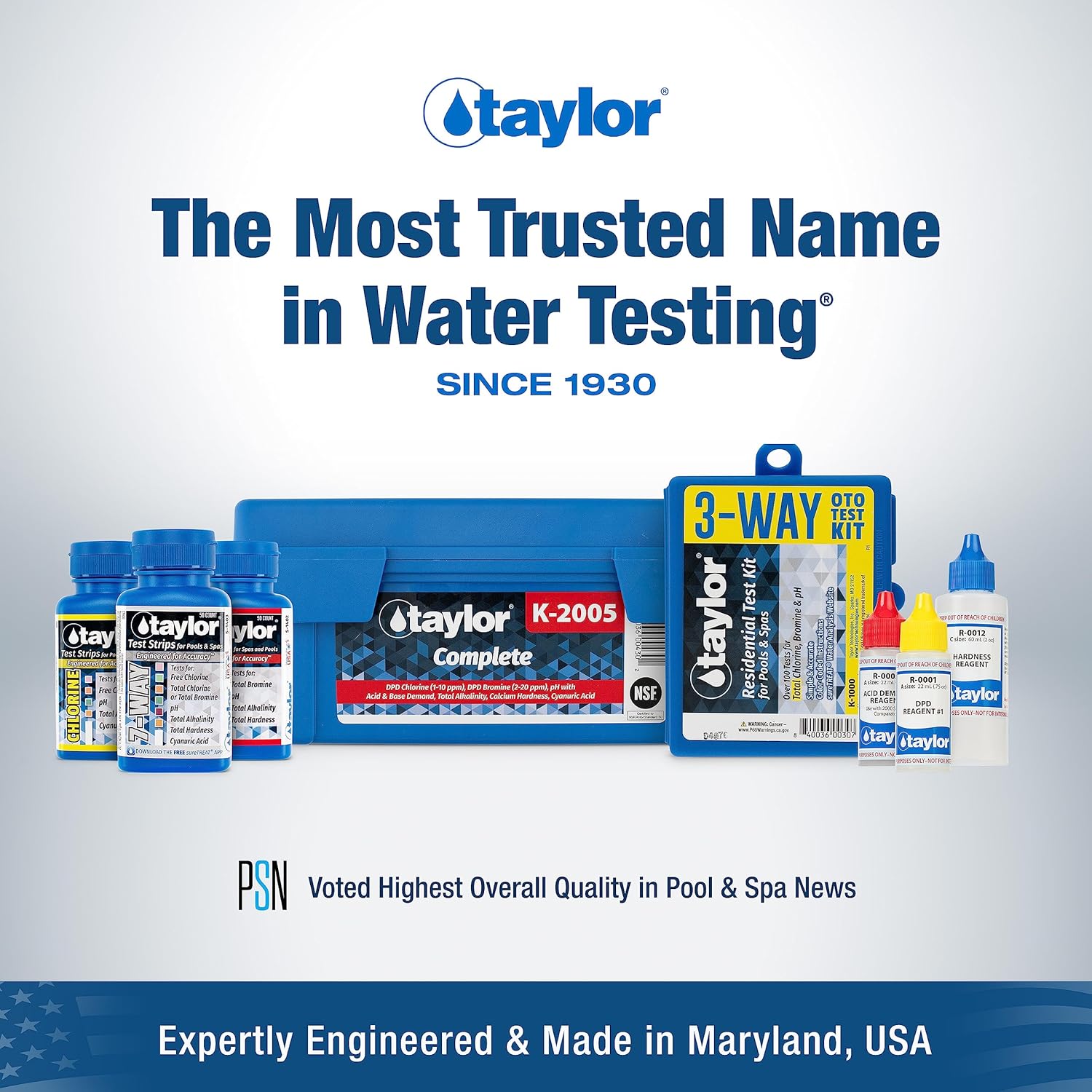Taylor K-1004 DPD, 6-in-1 Pool Test Kit for for Free & Total Chlorine, Bromine, pH, Acid Demand, Total Alkalinity, 100+ Tests, Quick & Easy for Pools & Spas | Made in The USA