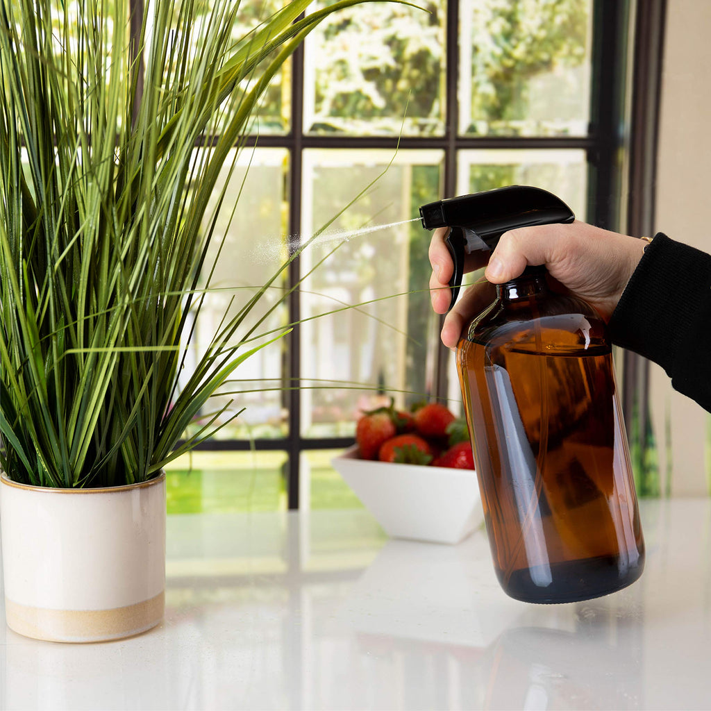 Large 32oz Amber Glass Spray Bottles with Funnel - Refillable Trigger Sprayer Containers for Oils, Cleaning Products, Plant Misting, Cooking, Hair, and Beauty. Includes 4 Bottles and 1 Funnel.