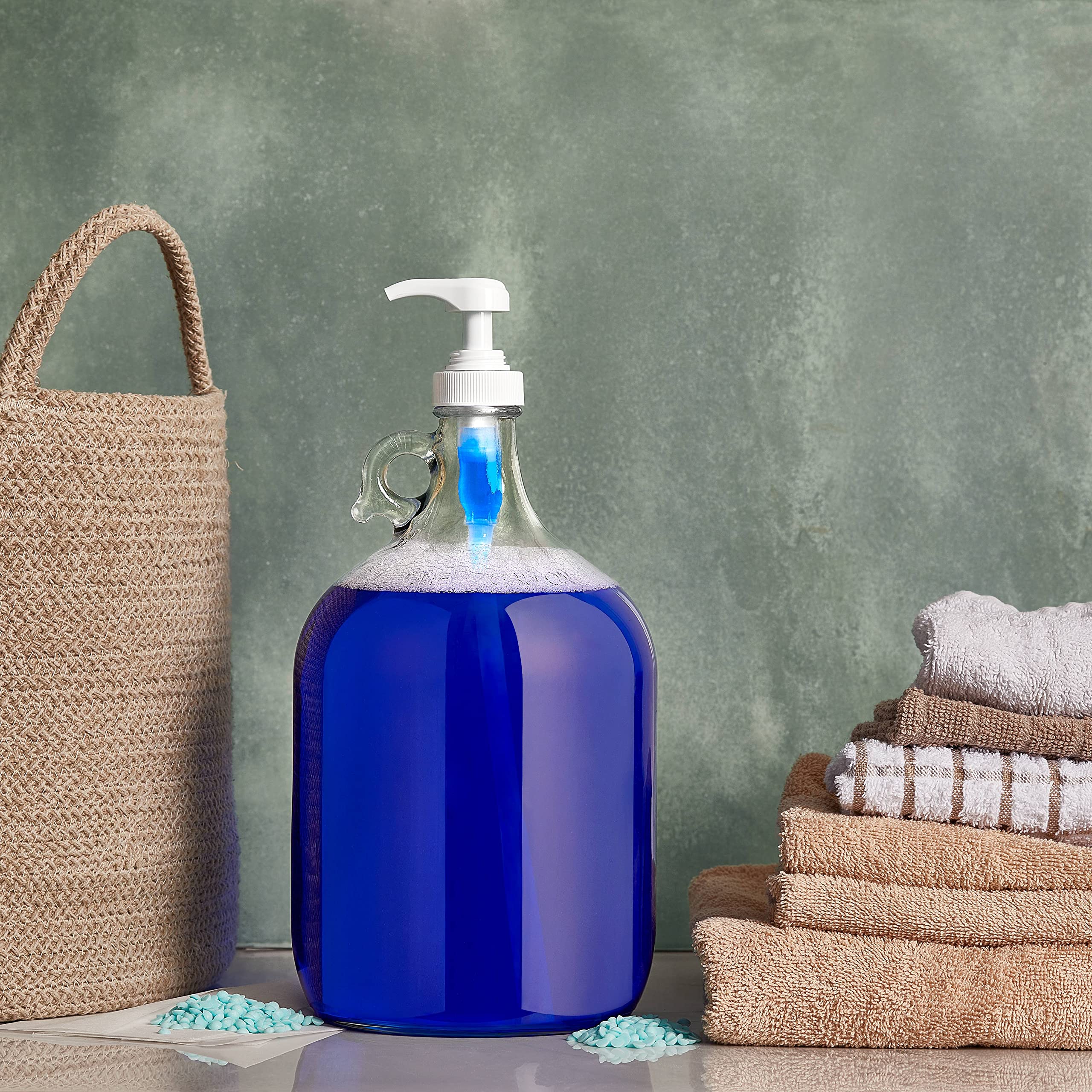 Gallon Glass Pump Dispenser Bottle, Large Jug Laundry Liquid Detergent Dispenser with Pump for Laundry Room Organization, Soap, Fabric Softener, Commercial Condiment Dispenser- 128 oz by Kitchentoolz