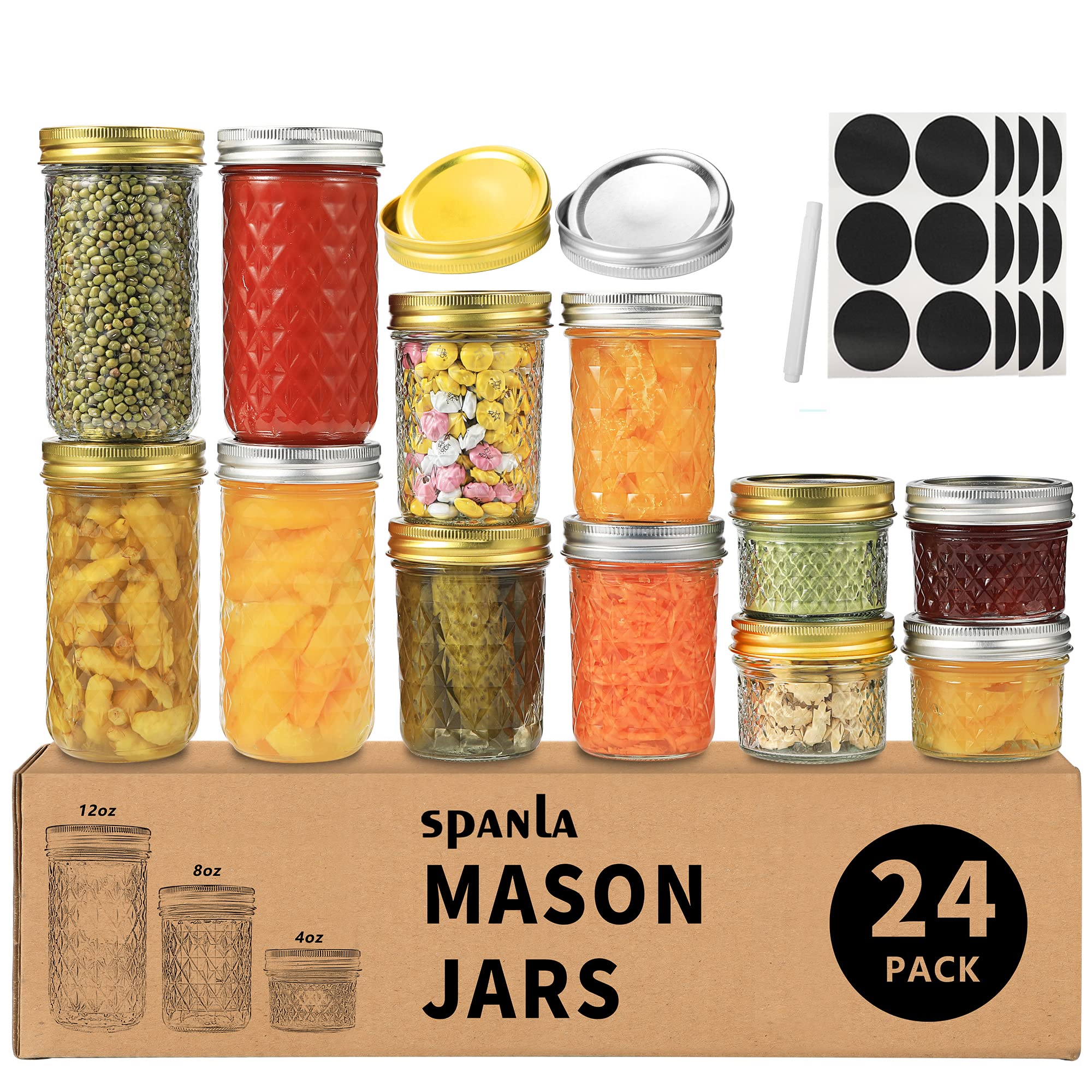 SPANLA Mason Jars 8 oz, 24 Pack Canning Jars 8 oz Half Pint Glass jars with Regular Lids and Bands, Small Mason Jars with Lids Ideal for Jelly Jam Honey Wedding Favors Shower Favors Food