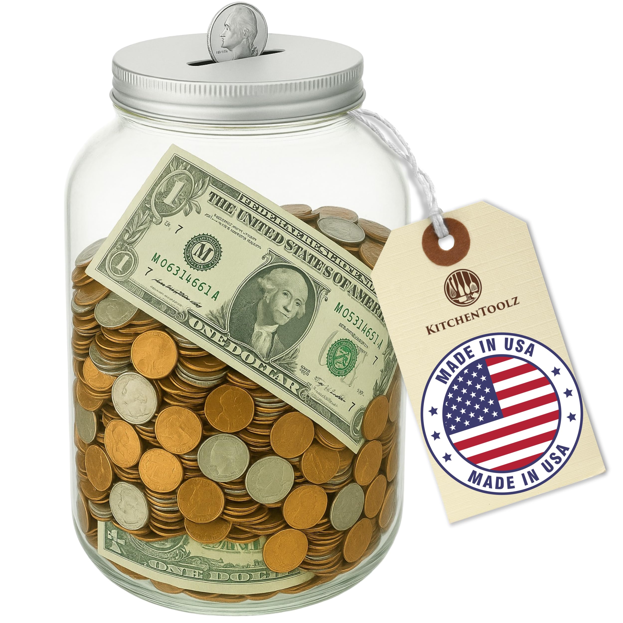 Half Gallon Glass Coin Bank Piggy Bank with Slotted Lid – Holds Over $1,450 in Coins – Tip Jar, Donation Collector, Raffle Ticket Holder – Made in USA