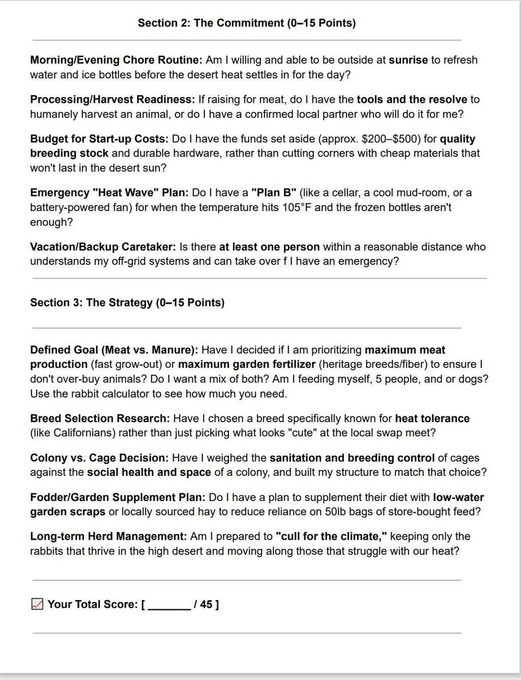 Rabbit Homesteading Scorecard