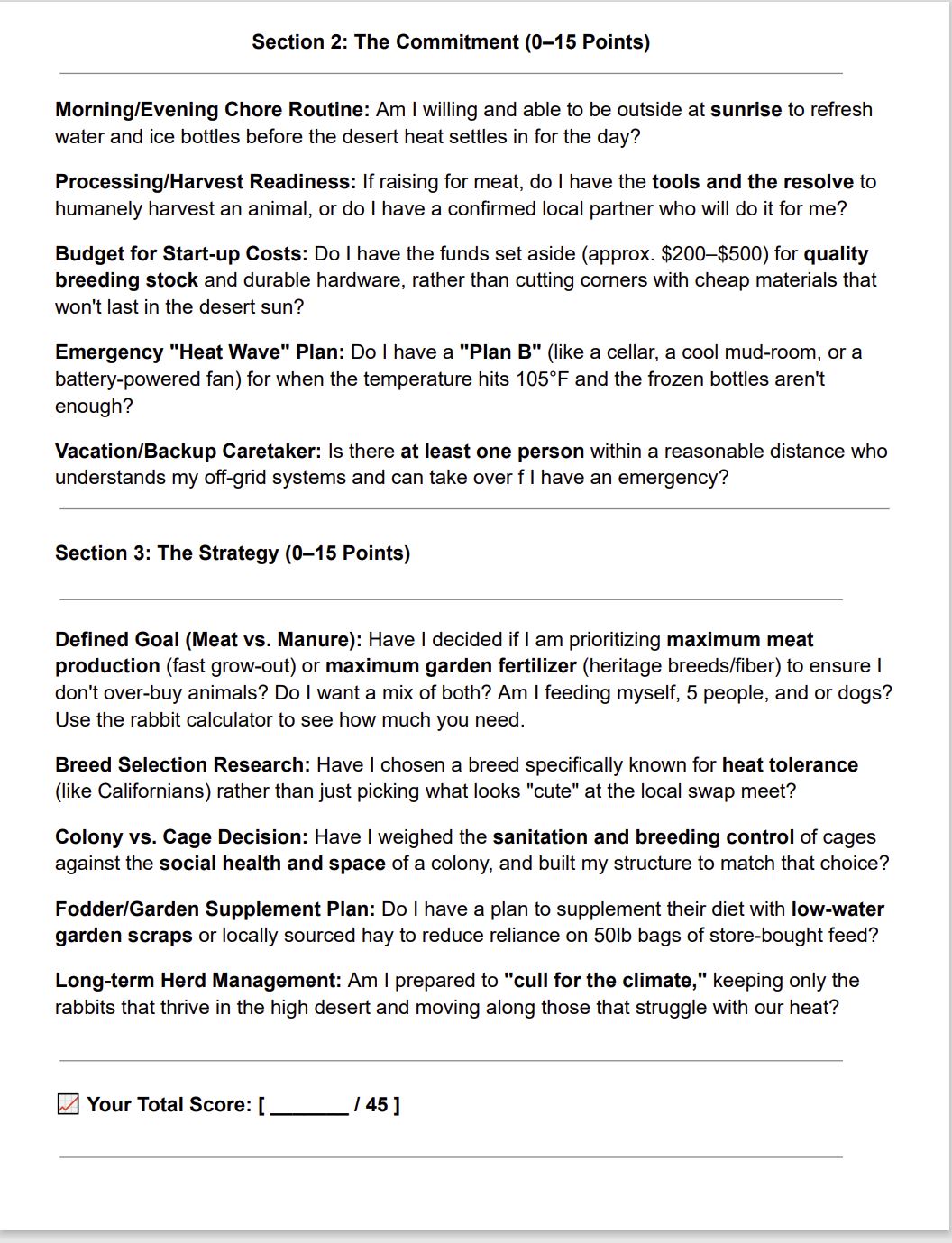Rabbit Homesteading Scorecard