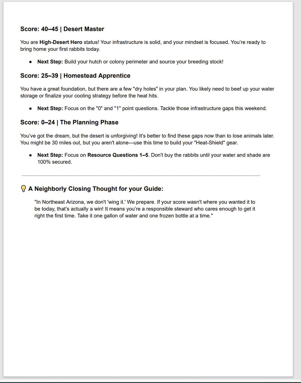 Rabbit Homesteading Scorecard